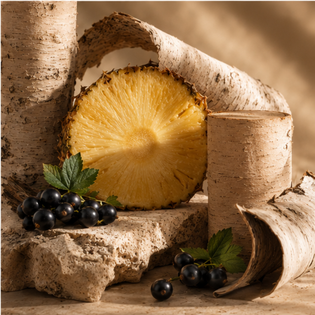 Flacon en verre facetté de ÉCLAT Pineapple & Birch avec un capuchon noir et une étiquette mate sur fond neutre.