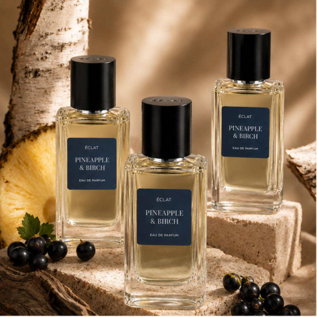 Un arrangement de tranches d'ananas frais empilées avec de l'écorce de bouleau et accompagnées de cassis, représentant ÉCLAT VIP Pineapple & Birch.