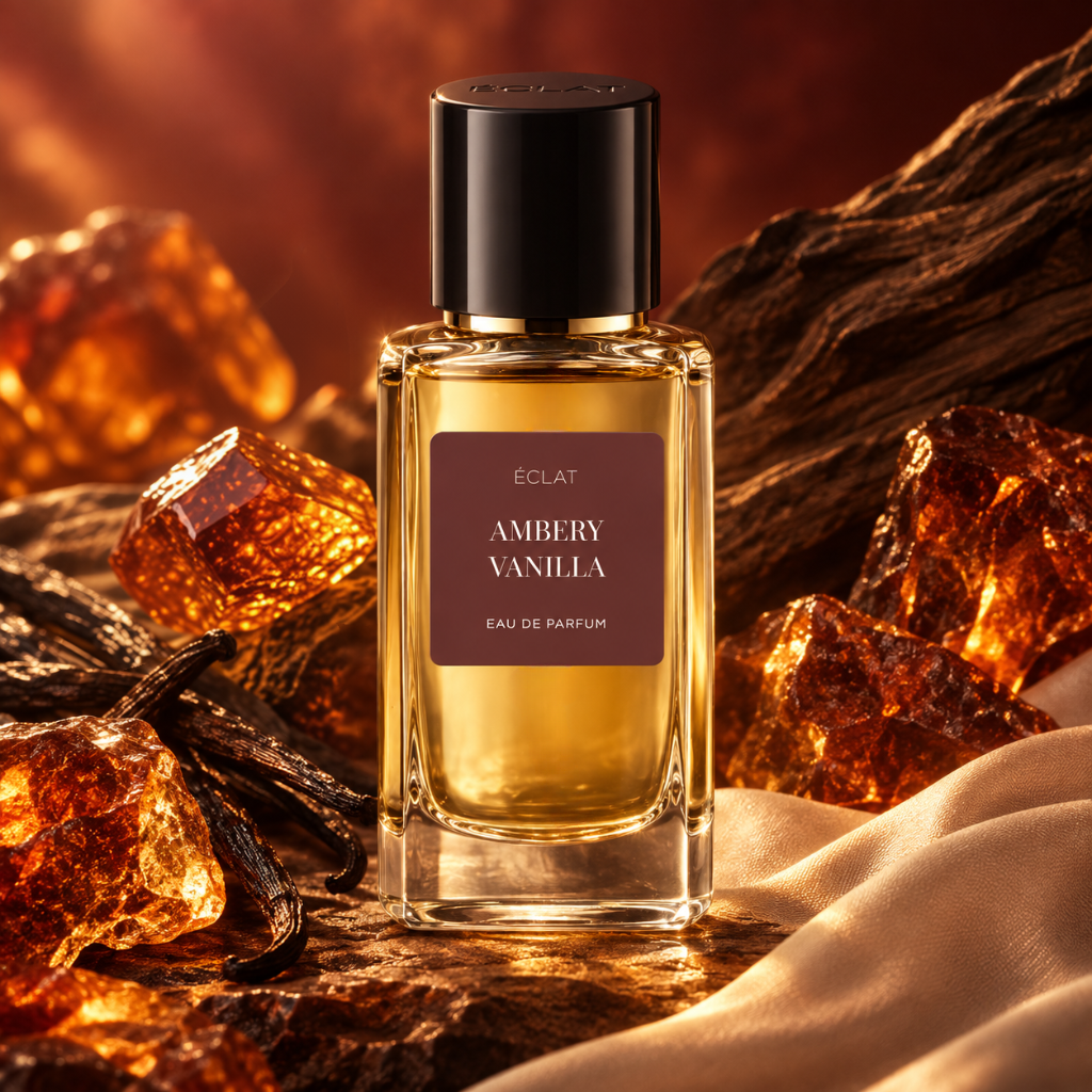 Faceted glass bottle of ÉCLAT Ambery Vanilla with a black cap, surrounded by amber stones and vanilla pods on a textured surface.