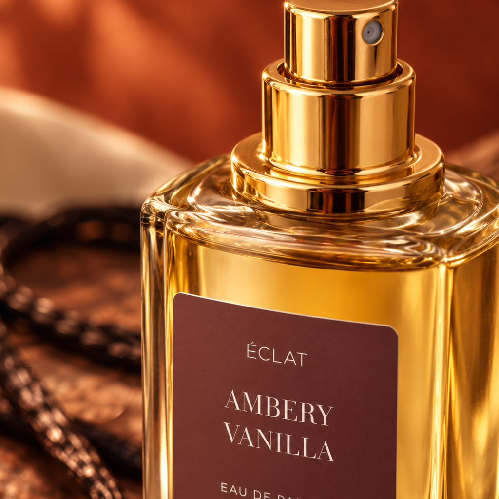 Faceted glass bottle of ÉCLAT Ambery Vanilla with a golden spray cap and a burgundy label, elegantly presented.