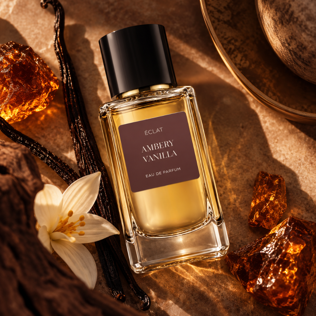 Faceted glass bottle of ÉCLAT Ambery Vanilla lying among vanilla pods, amber stones, and a white flower on a textured surface.