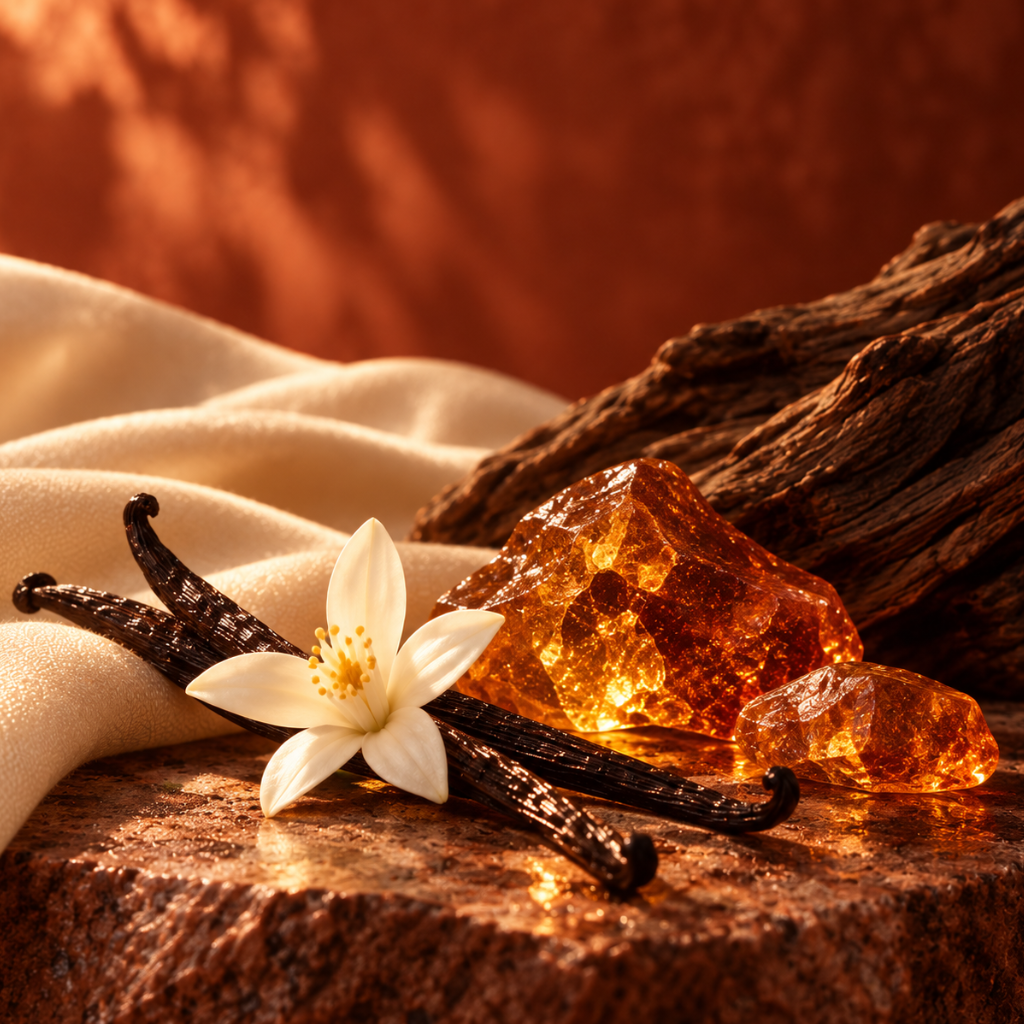 An arrangement of vanilla beans, a white blossom, amber crystals, and textured wood evokes the essence of ÉCLAT Ambery Vanilla.