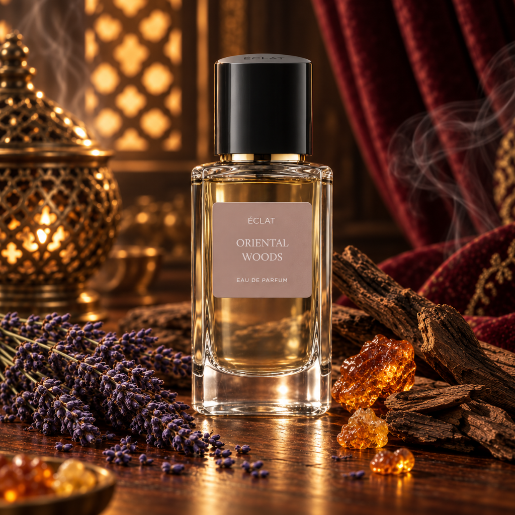 A faceted glass bottle of ÉCLAT Oriental Woods with a black cap is surrounded by dried lavender, amber resin, and wooden sticks against a luxurious backdrop.