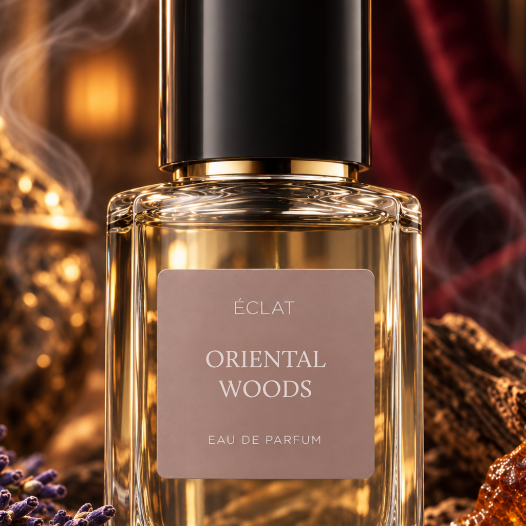 A faceted glass bottle of ÉCLAT Oriental Woods with a matte label, featuring a gold cap against a backdrop of warm textures.