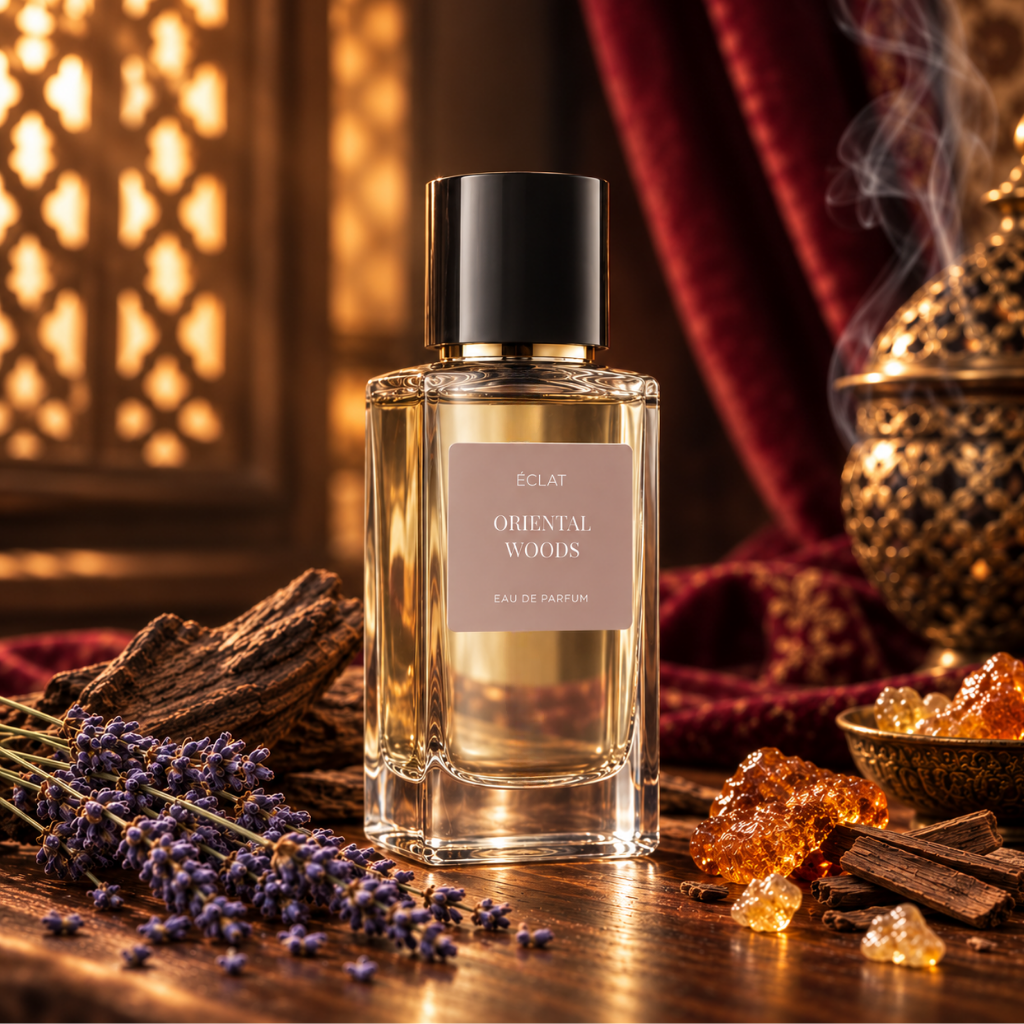 Faceted glass bottle of ÉCLAT Oriental Woods with a black cap, set against a backdrop of incense and lavender on a wooden surface.