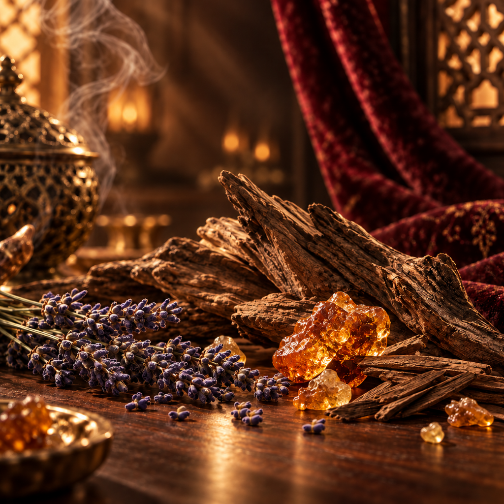 An arrangement of lavender sprigs, amber resin, and pieces of wood set against a rich, textured background suggesting oriental elegance.