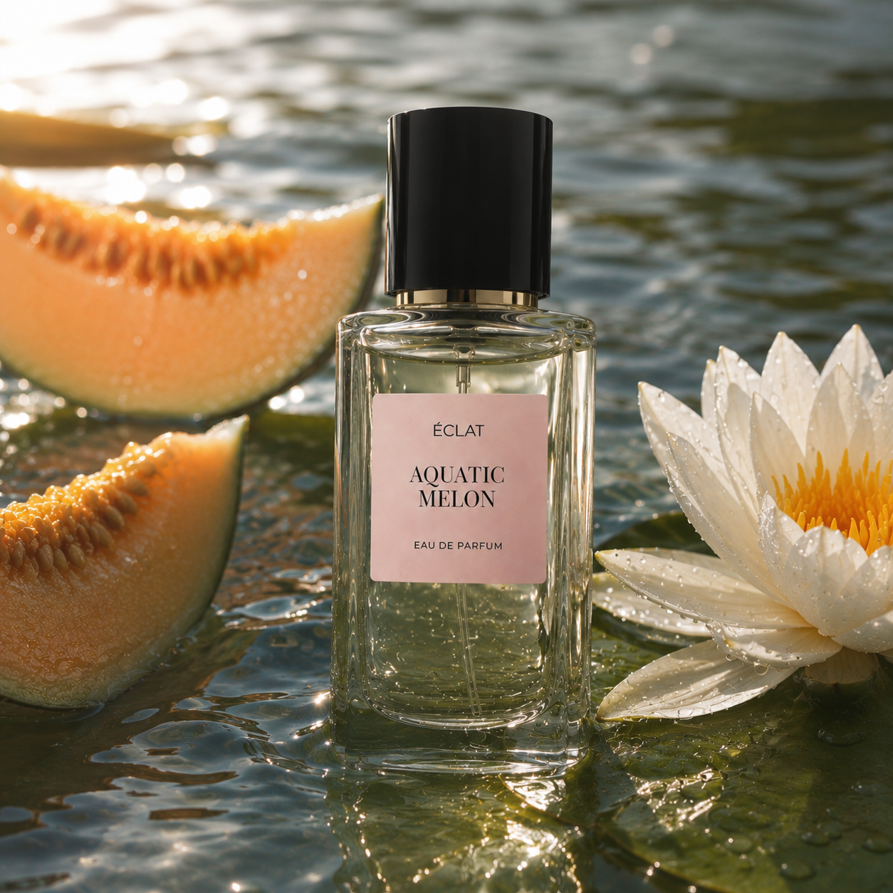 Un flacon en verre facetté de parfum ÉCLAT Aquatic Melon repose sur un fond aquatique, accompagné de tranches de melon et d'un lotus blanc.