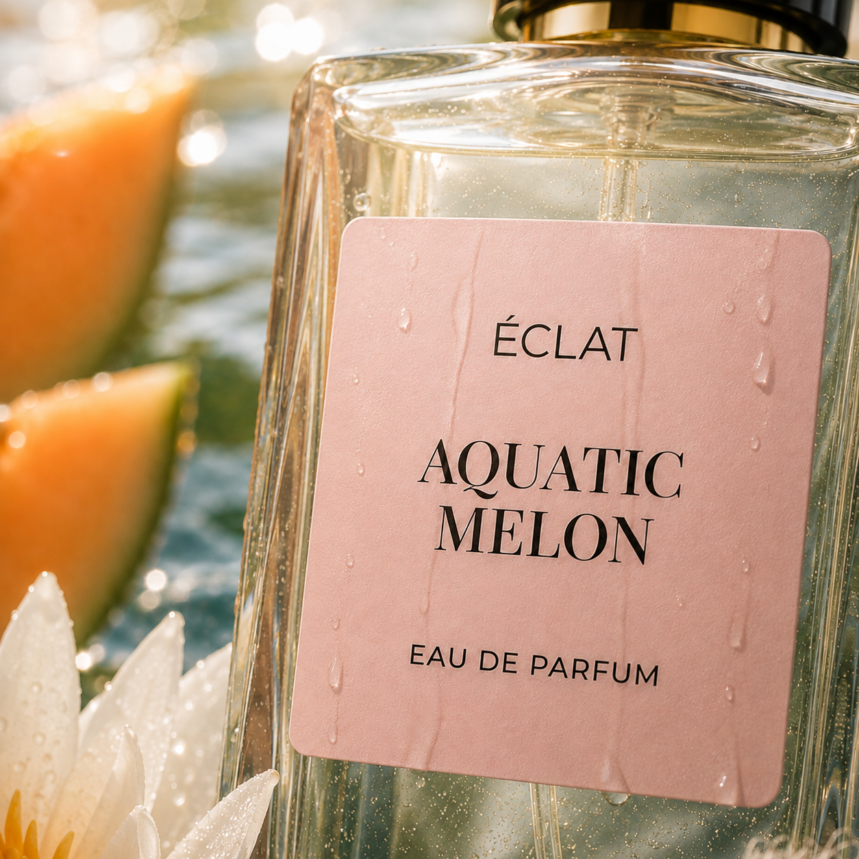 Un flacon en verre facetté d'ÉCLAT Aquatic Melon avec une étiquette rose mate, entouré d'eau et de tranches de melon.