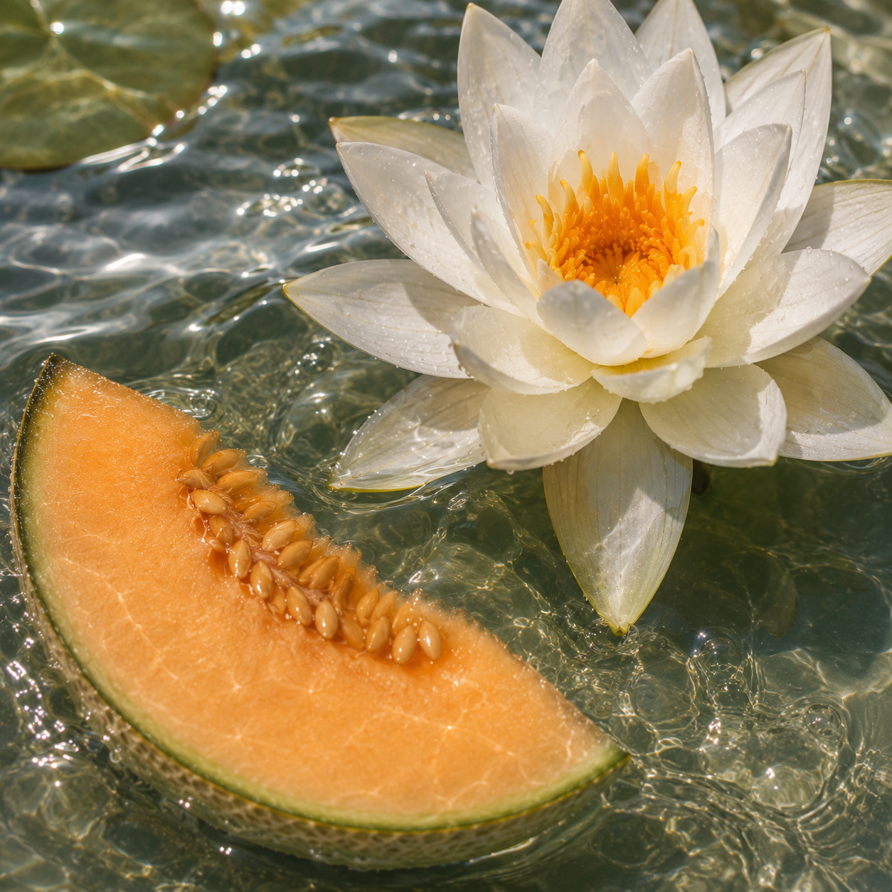 Une tranche de melon mûr et un nénuphar blanc flottant sur l'eau claire, symbolisant ÉCLAT Aquatic Melon.