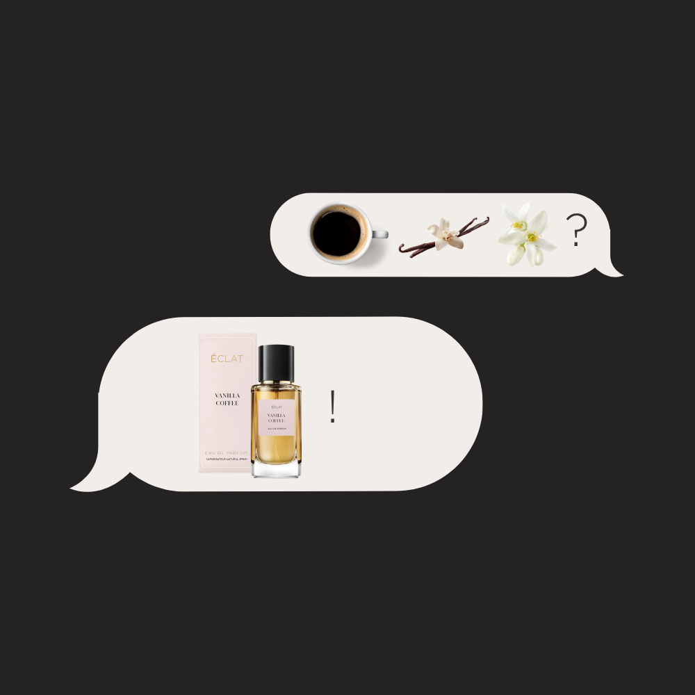 ÉCLAT Vanilla Coffee fragrance with a sleek bottle and pink box above a coffee cup, vanilla pods, and flower.
