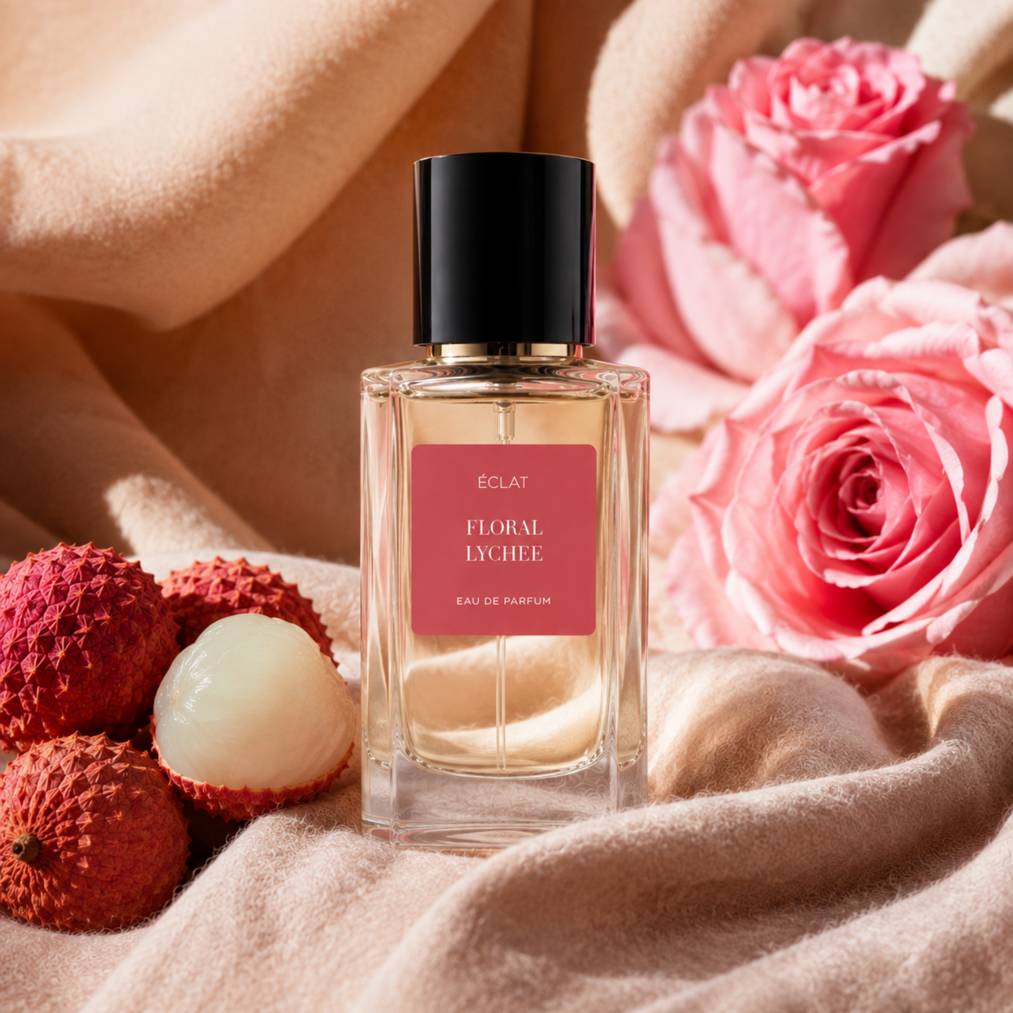 A faceted glass bottle of ÉCLAT Floral Lychee perfume with a black cap, surrounded by fresh lychees and pink roses on a soft fabric.