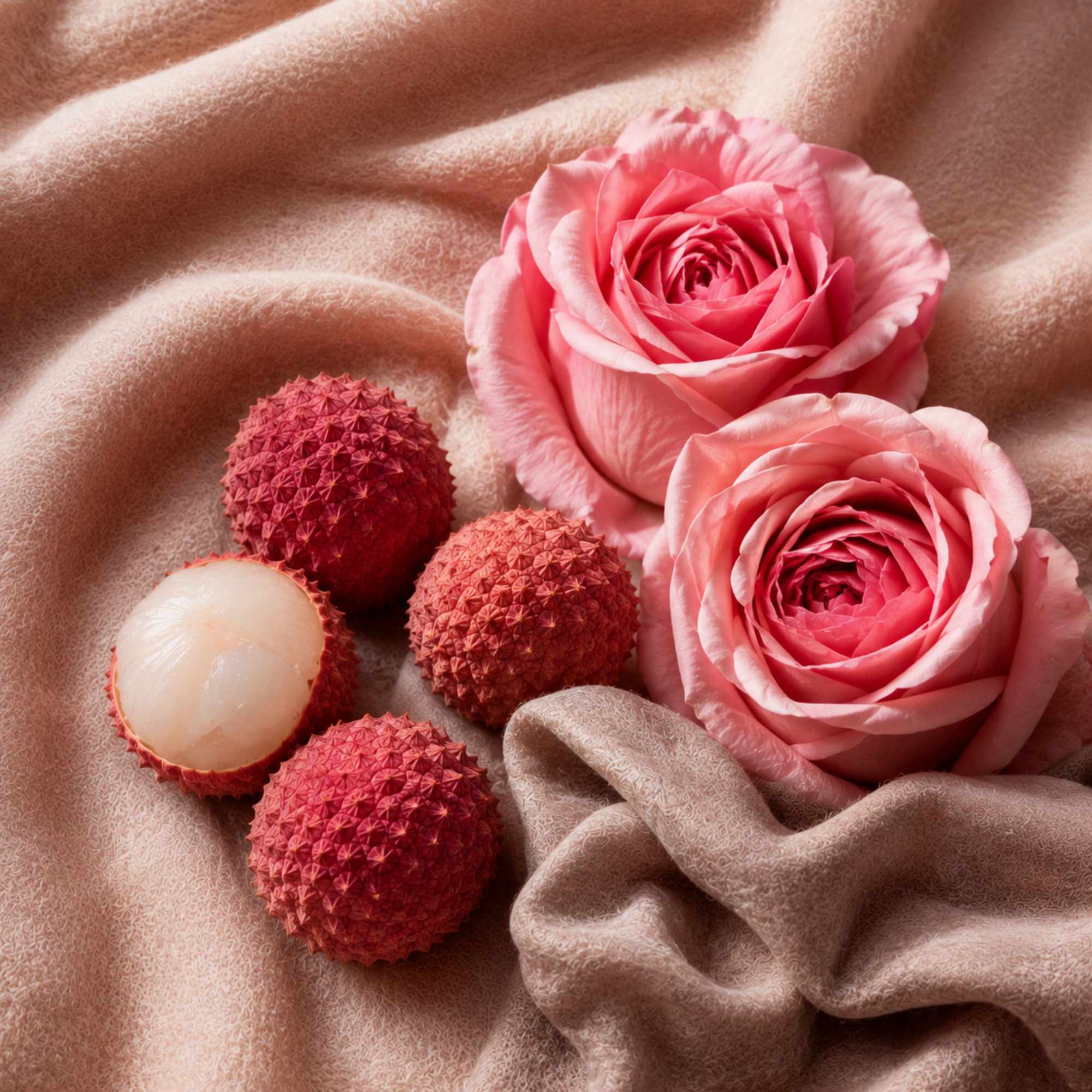 An arrangement of pink roses and lychees elegantly displayed on a soft beige fabric, representing ÉCLAT Floral Lychee.