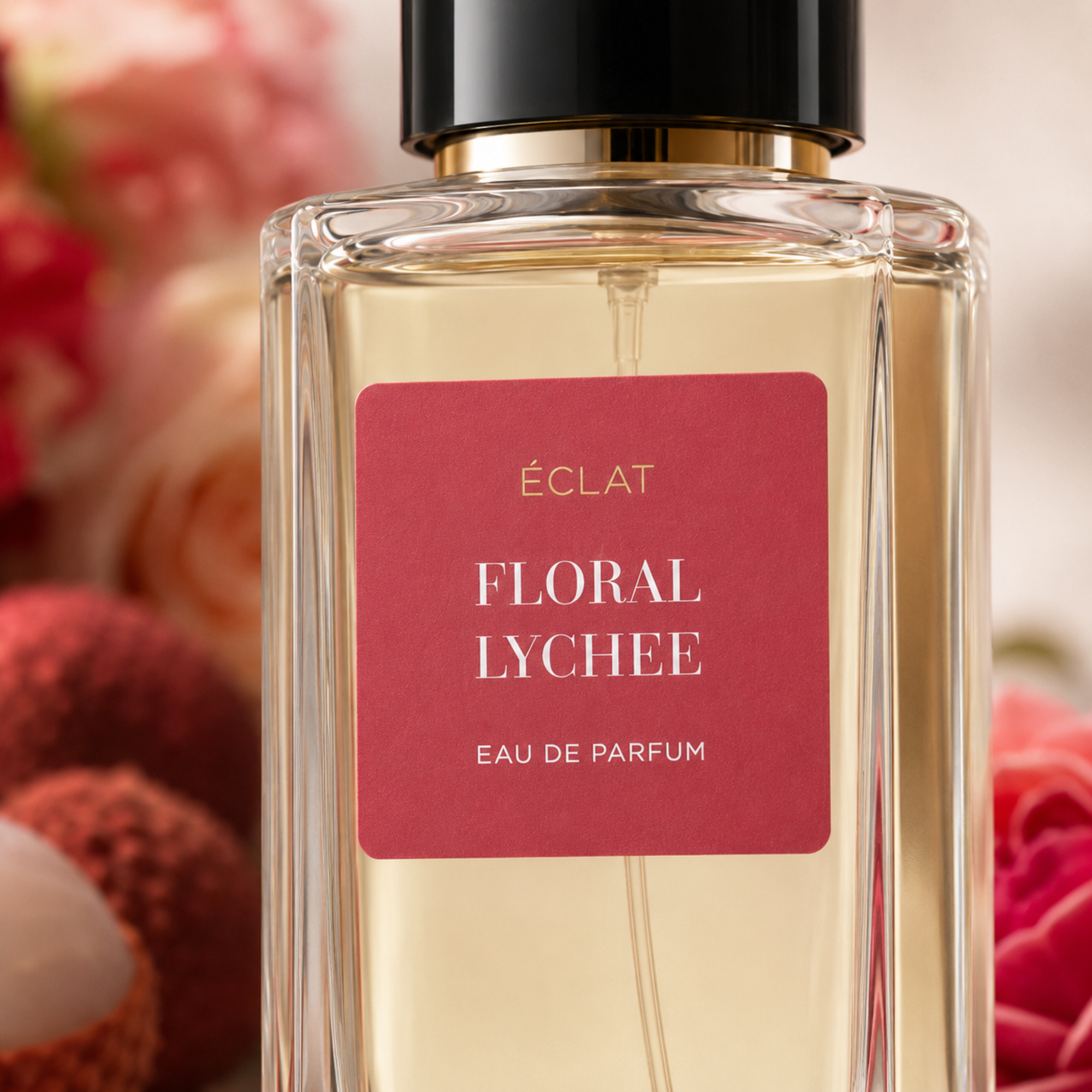 A faceted glass bottle with a black cap and a red label displaying ÉCLAT Floral Lychee, surrounded by soft-focus floral elements.