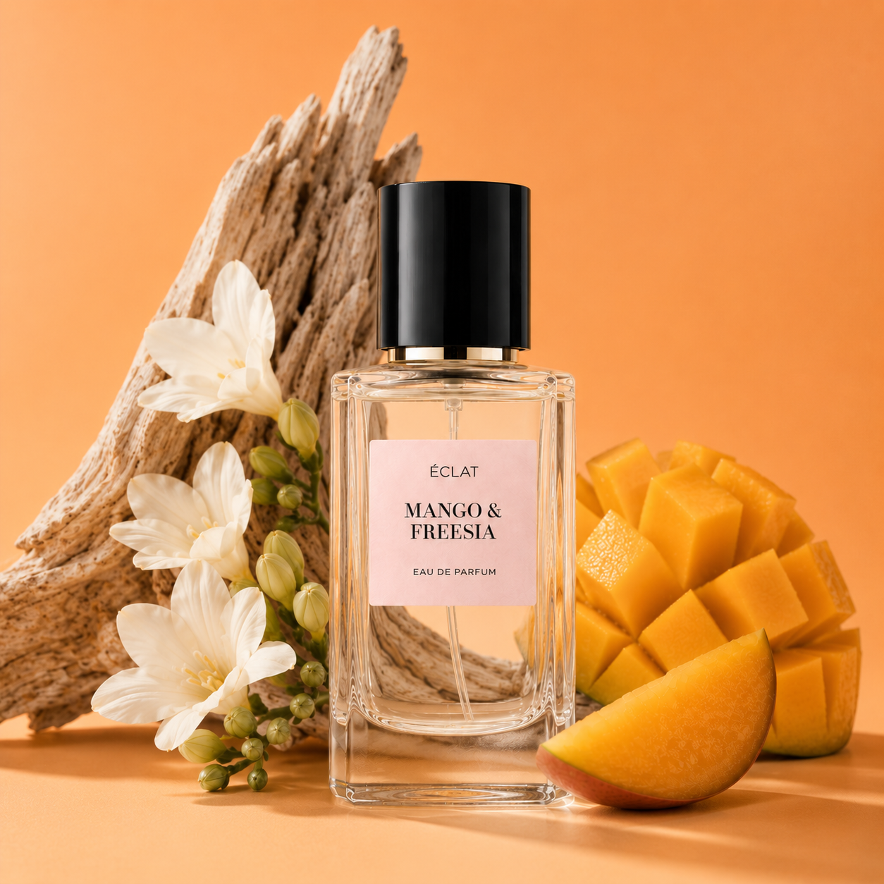 A faceted glass bottle of ÉCLAT Mango & Freesia perfume with a black cap, surrounded by white freesias, sliced mango, and driftwood on an orange background.