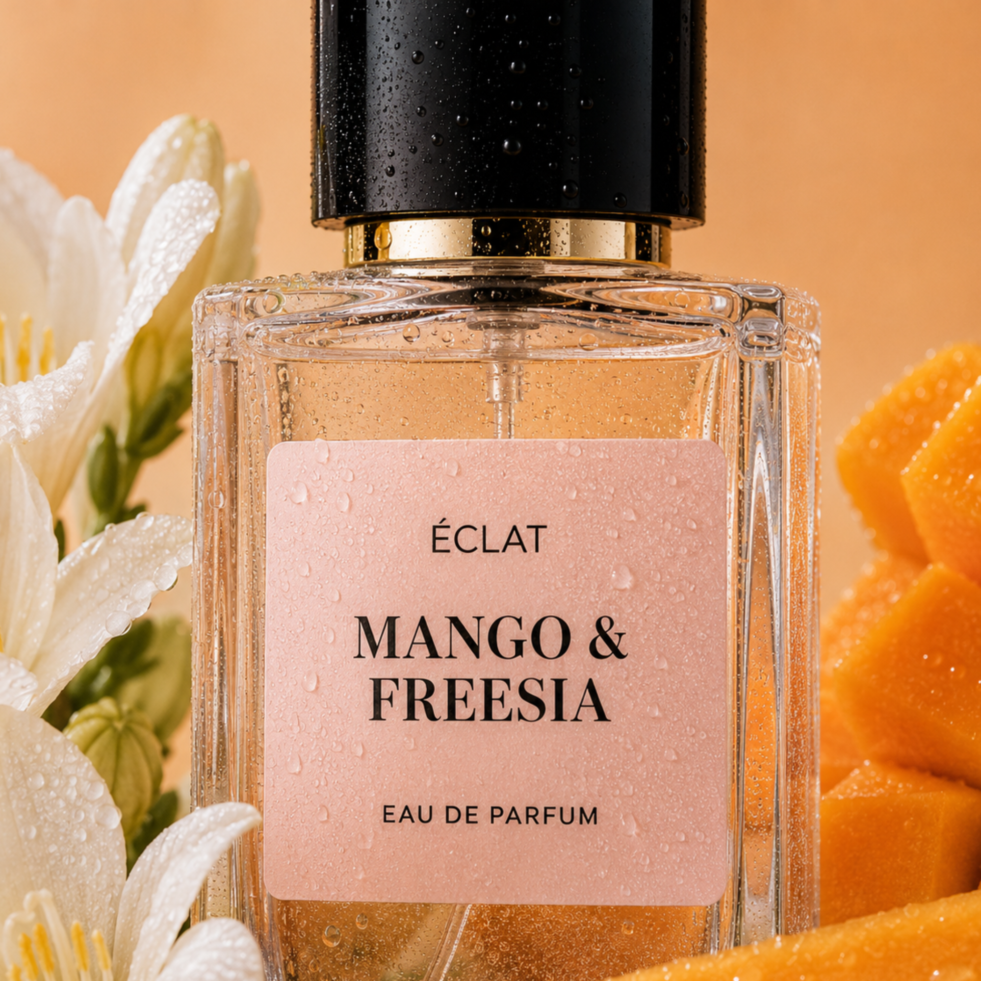 Faceted glass bottle of ÉCLAT Mango & Freesia with a black and gold cap, surrounded by white flowers and mango slices.