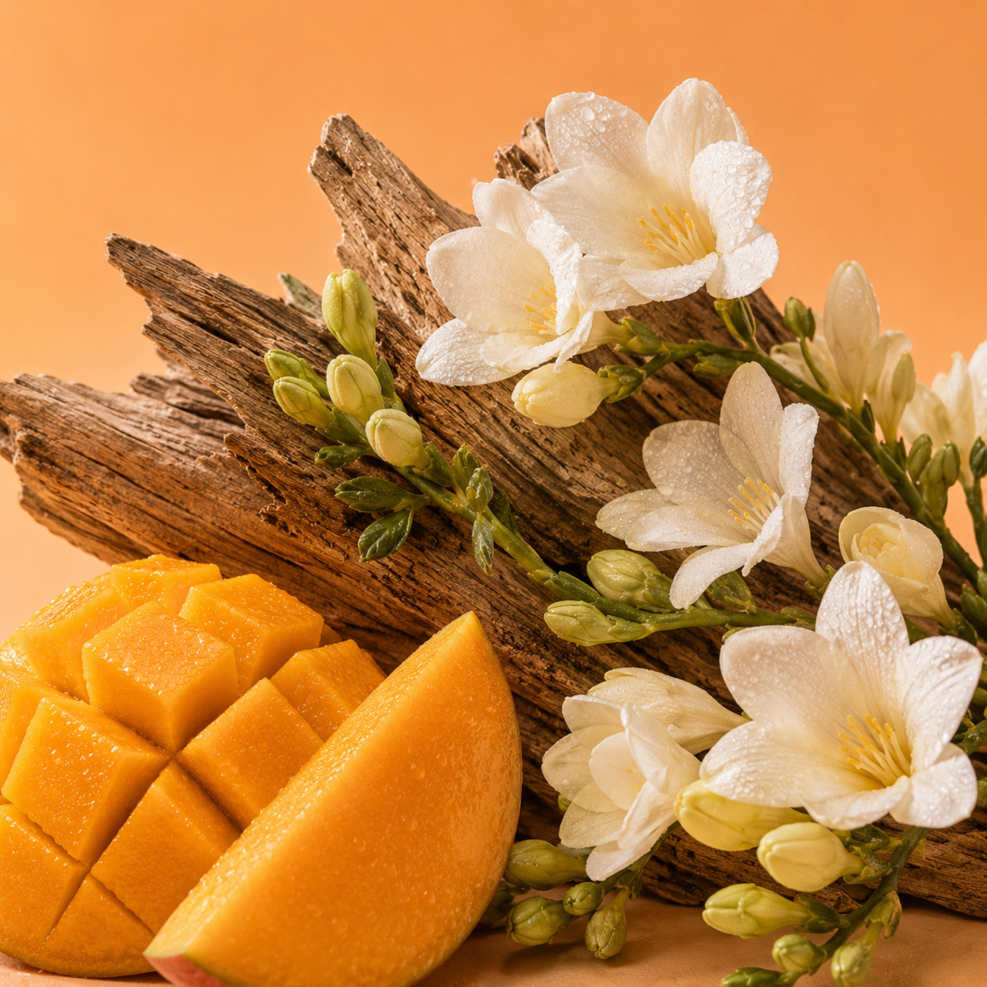 A composition of sliced mango, freesia flowers, and rustic wood highlights the ÉCLAT Mango & Freesia fragrance.