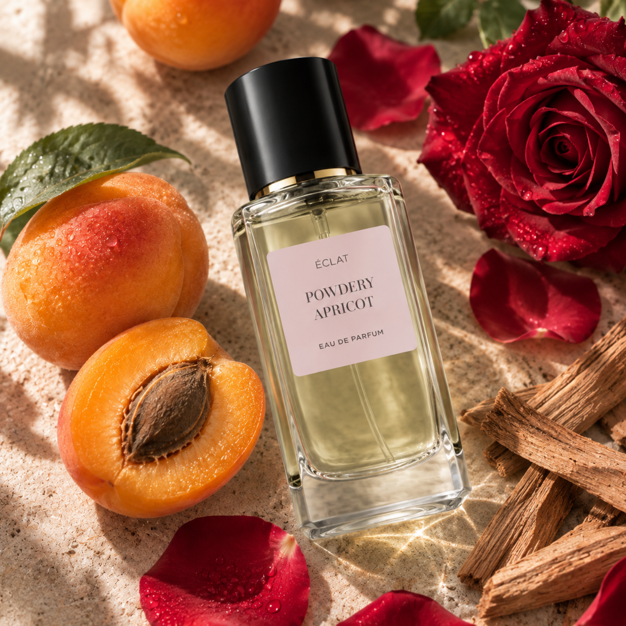 Flacon en verre facetté d'ÉCLAT Powdery Apricot entouré d'abricots frais, d'une rose rouge et de bâtons de cannelle.