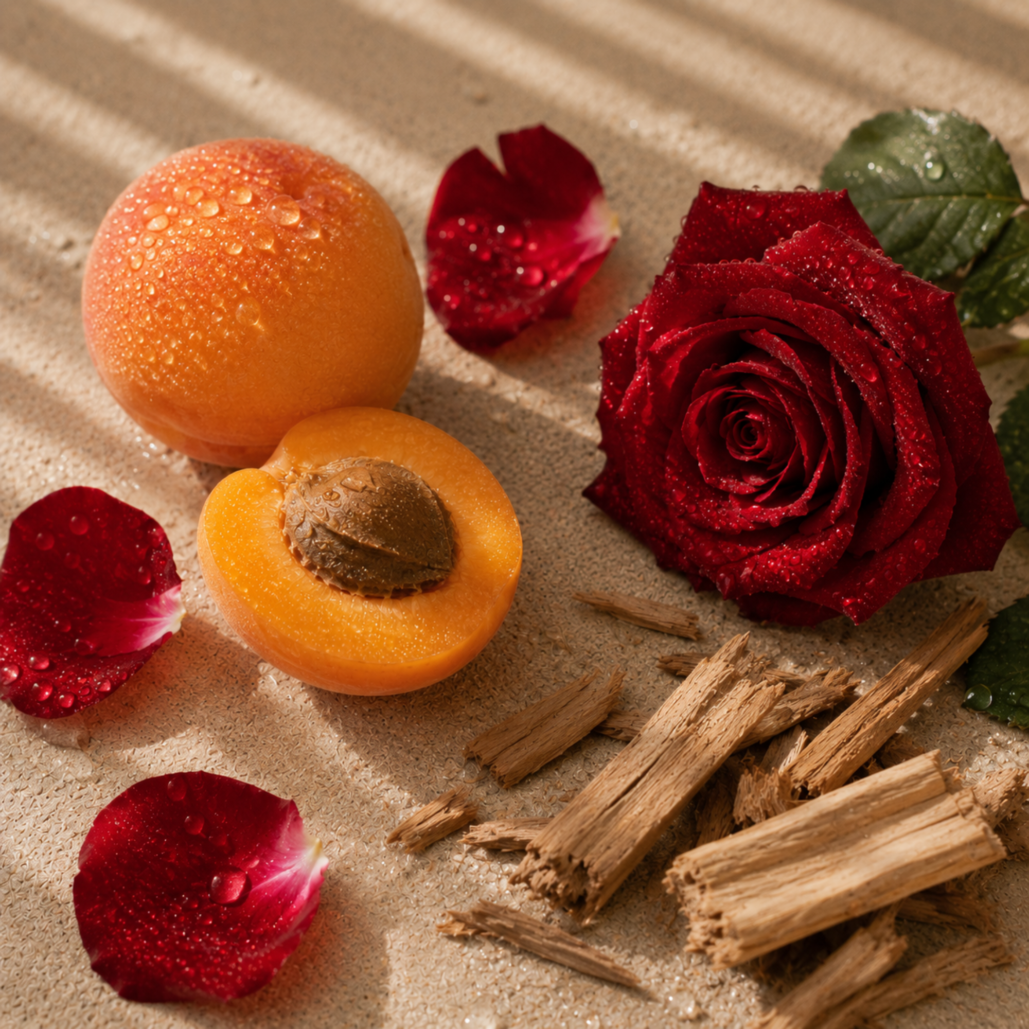 Un arrangement d'un abricot rosée, de pétales de rose rouge, d'une rose entière et de copeaux de bois sur une surface texturée, symbolisant ÉCLAT Powdery Apricot.