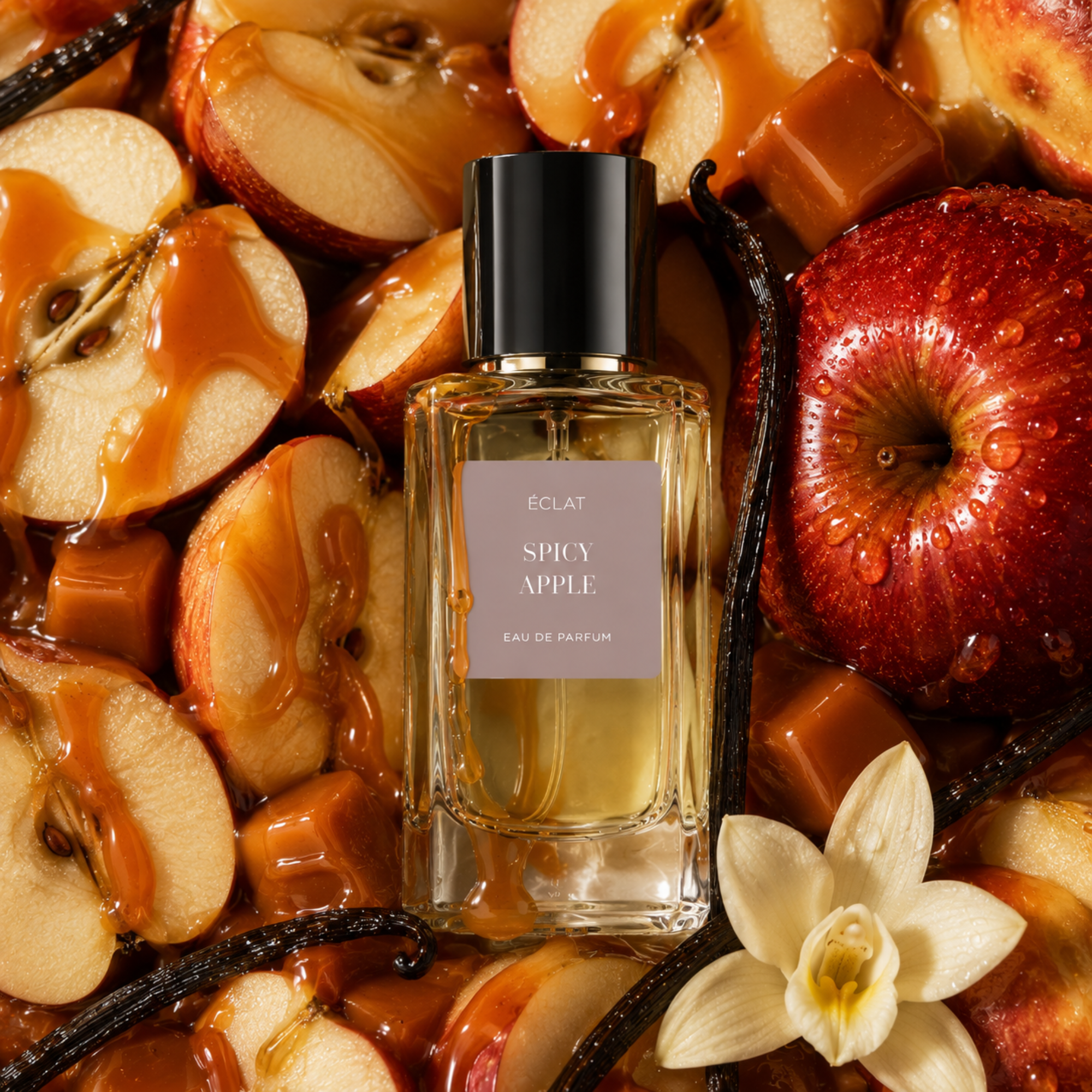 Faceted glass bottle of ÉCLAT Spicy Apple surrounded by caramel-drizzled apple slices, caramel pieces, vanilla pods, and a white flower.
