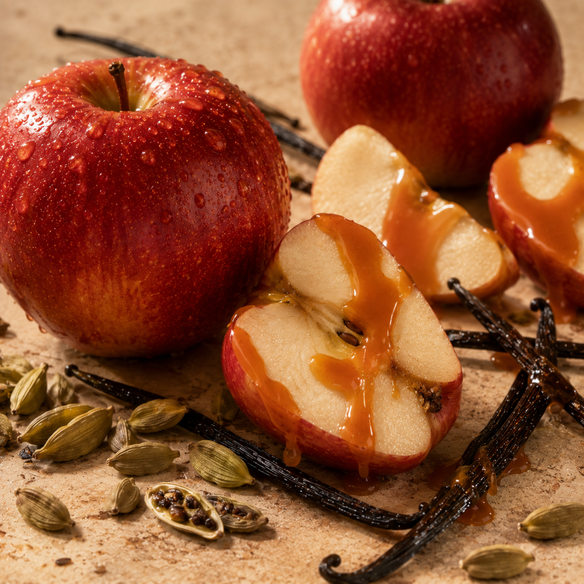 A vibrant red apple with caramel drizzle, surrounded by vanilla pods and whole cardamom, depicting the essence of ÉCLAT VIP - Spicy Apple.