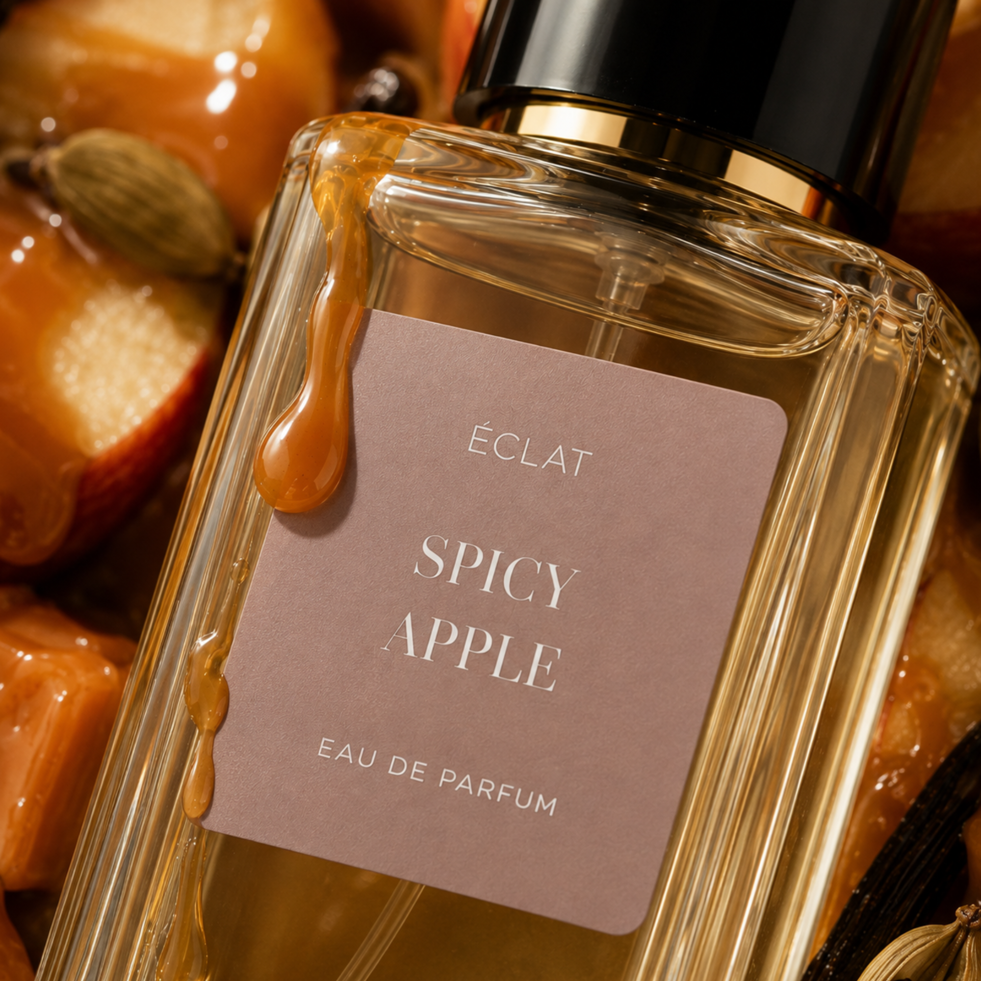 A faceted glass bottle with a black and gold cap of ÉCLAT Spicy Apple, surrounded by caramel sauce, apple slices, cardamom, and vanilla.