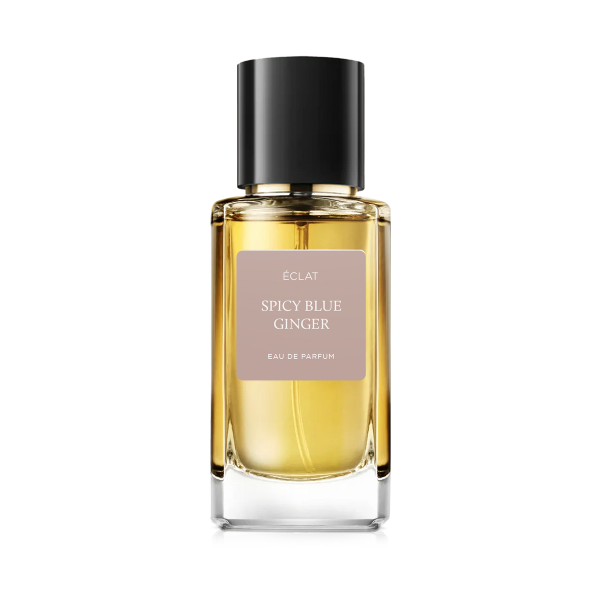 ÉCLAT SPICY BLUE GINGER perfume bottle with transparent glass flacon and a black cap.