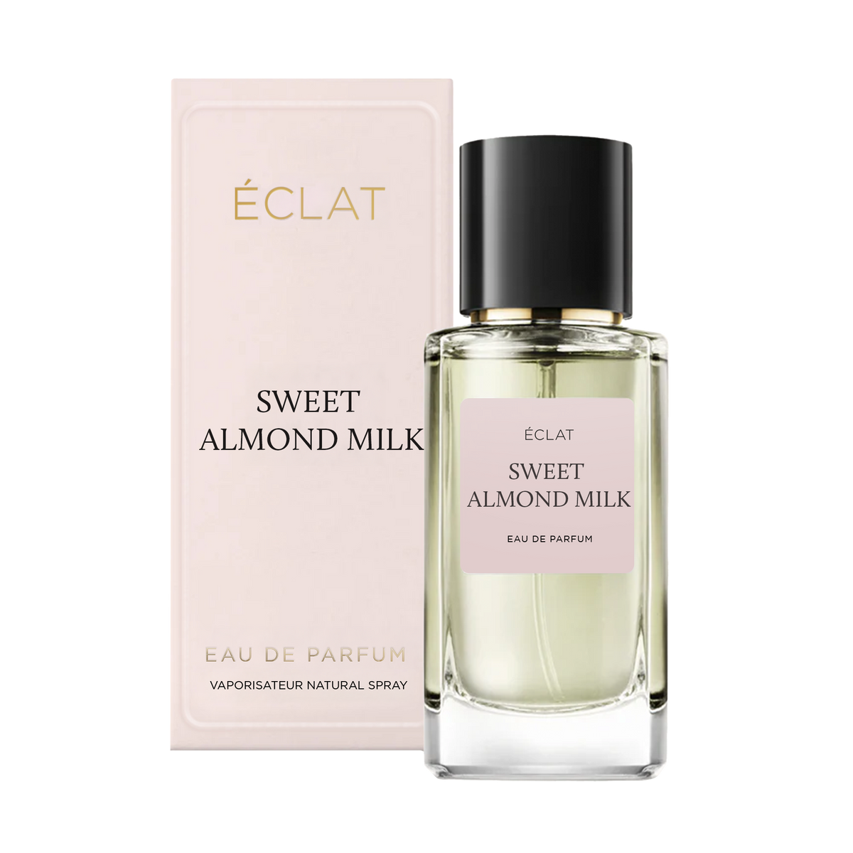 A faceted glass bottle with a black cap labeled ÉCLAT Sweet Almond Milk, next to a matching pink box.