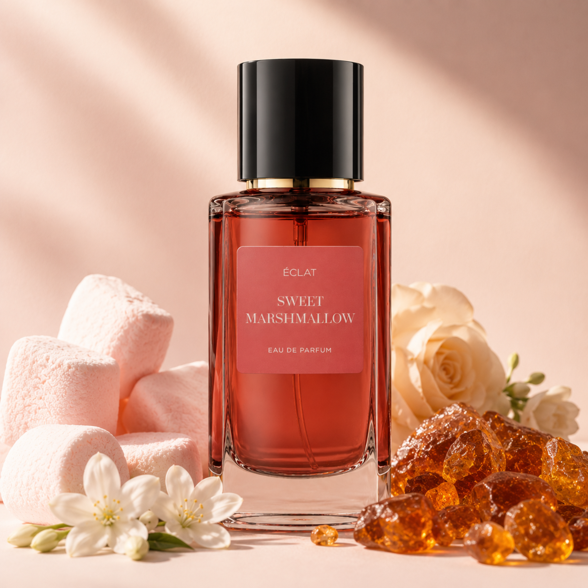 Faceted glass bottle of ÉCLAT Sweet Marshmallow perfume with a black cap, surrounded by marshmallows, white flowers, and sugar crystals.