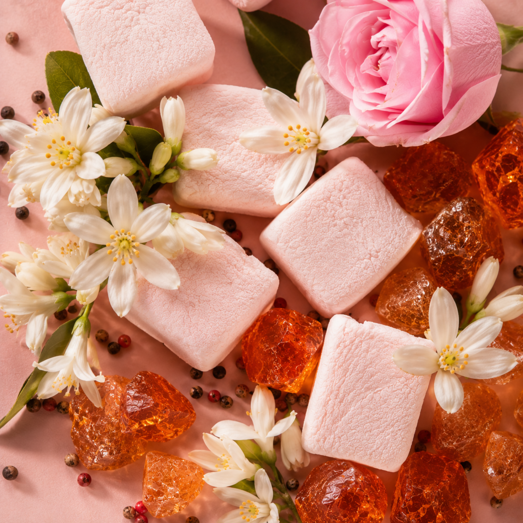An arrangement of pink marshmallows, white flowers, amber sugar crystals, and a pink rose on a soft pink background, symbolizing ÉCLAT VIP Sweet Marshmallow.
