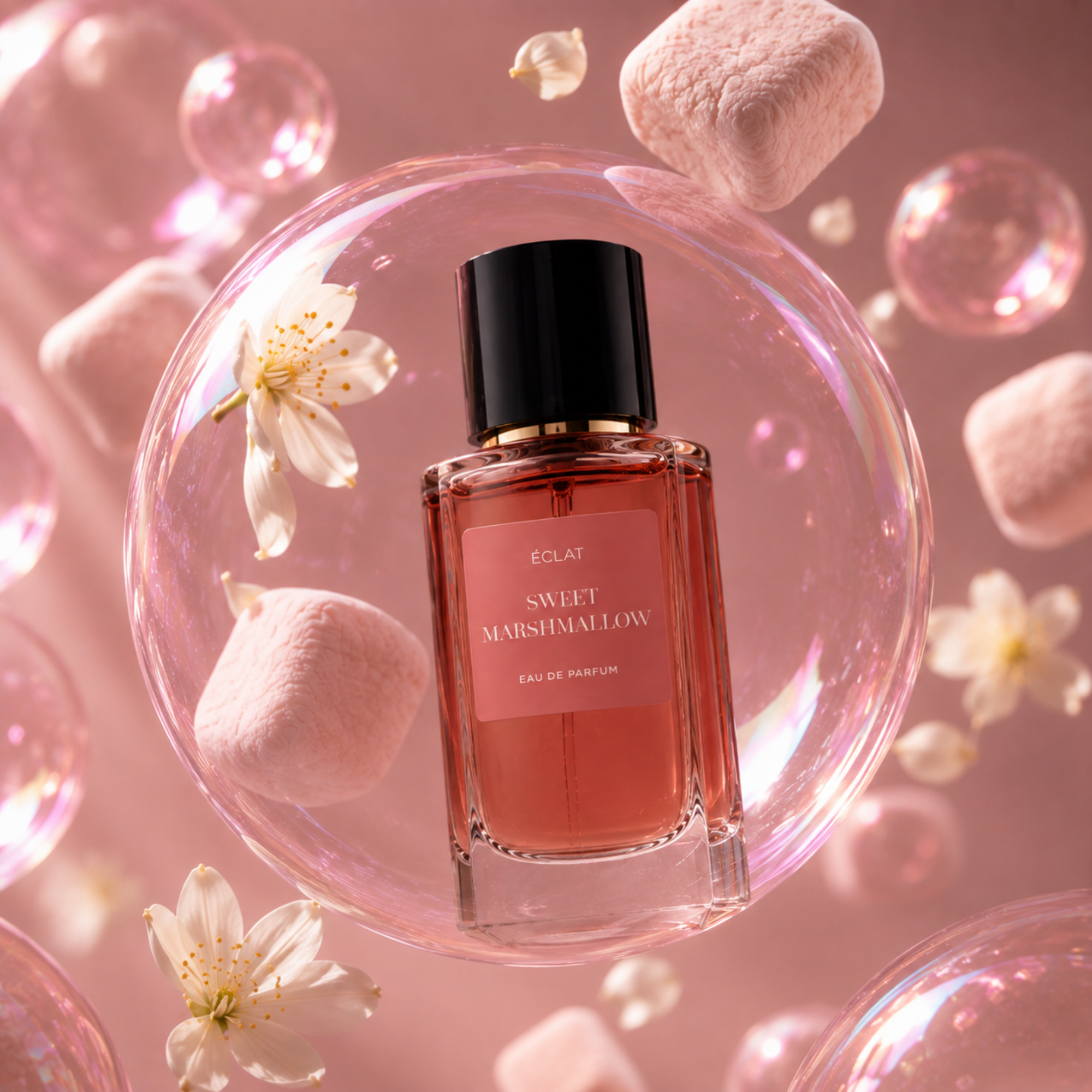 Faceted glass bottle of ÉCLAT Sweet Marshmallow with black cap, surrounded by soft pink marshmallows and delicate white flowers on a warm pink background.