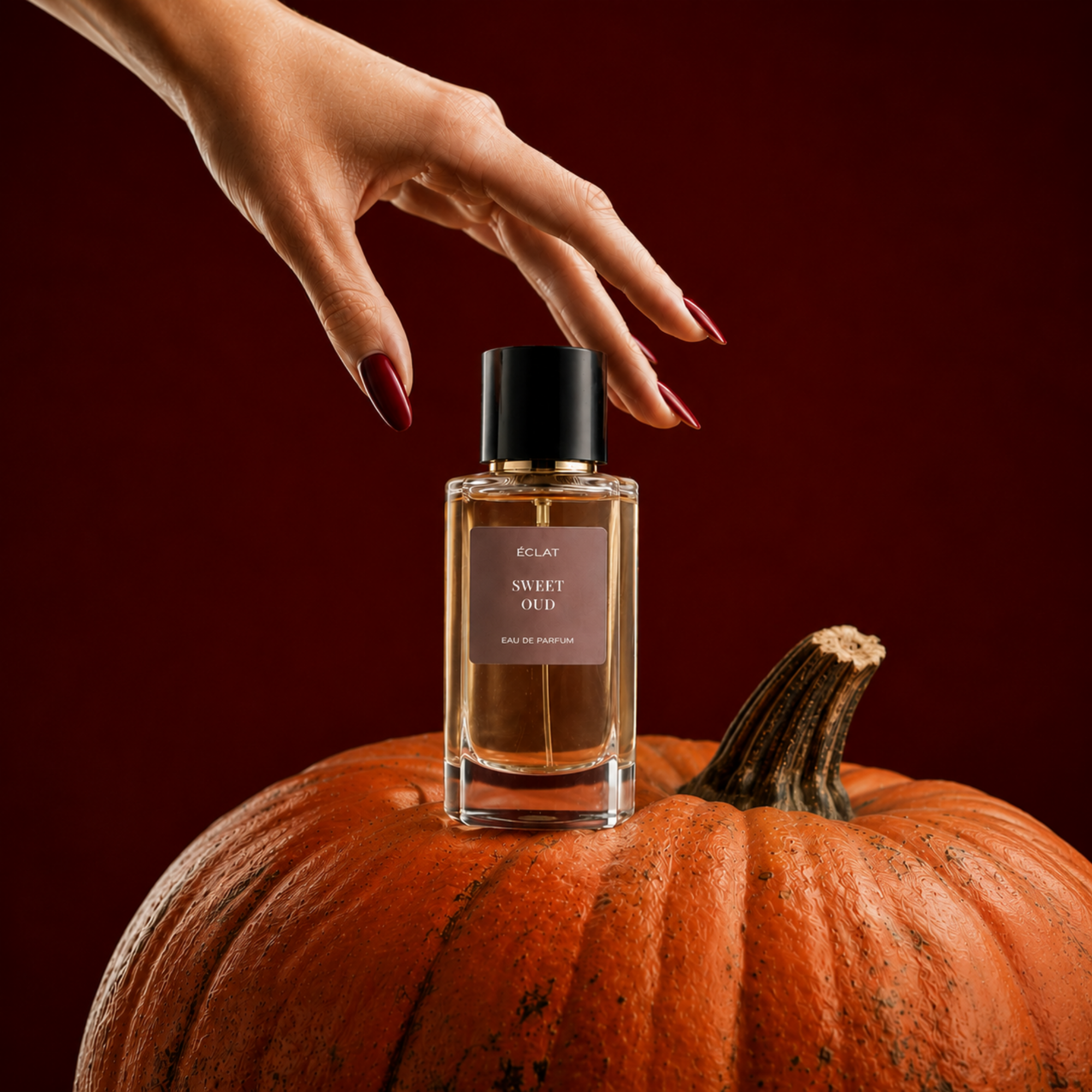 A faceted glass bottle of ÉCLAT Sweet Oud with a black cap, placed on an orange pumpkin against a deep red background.