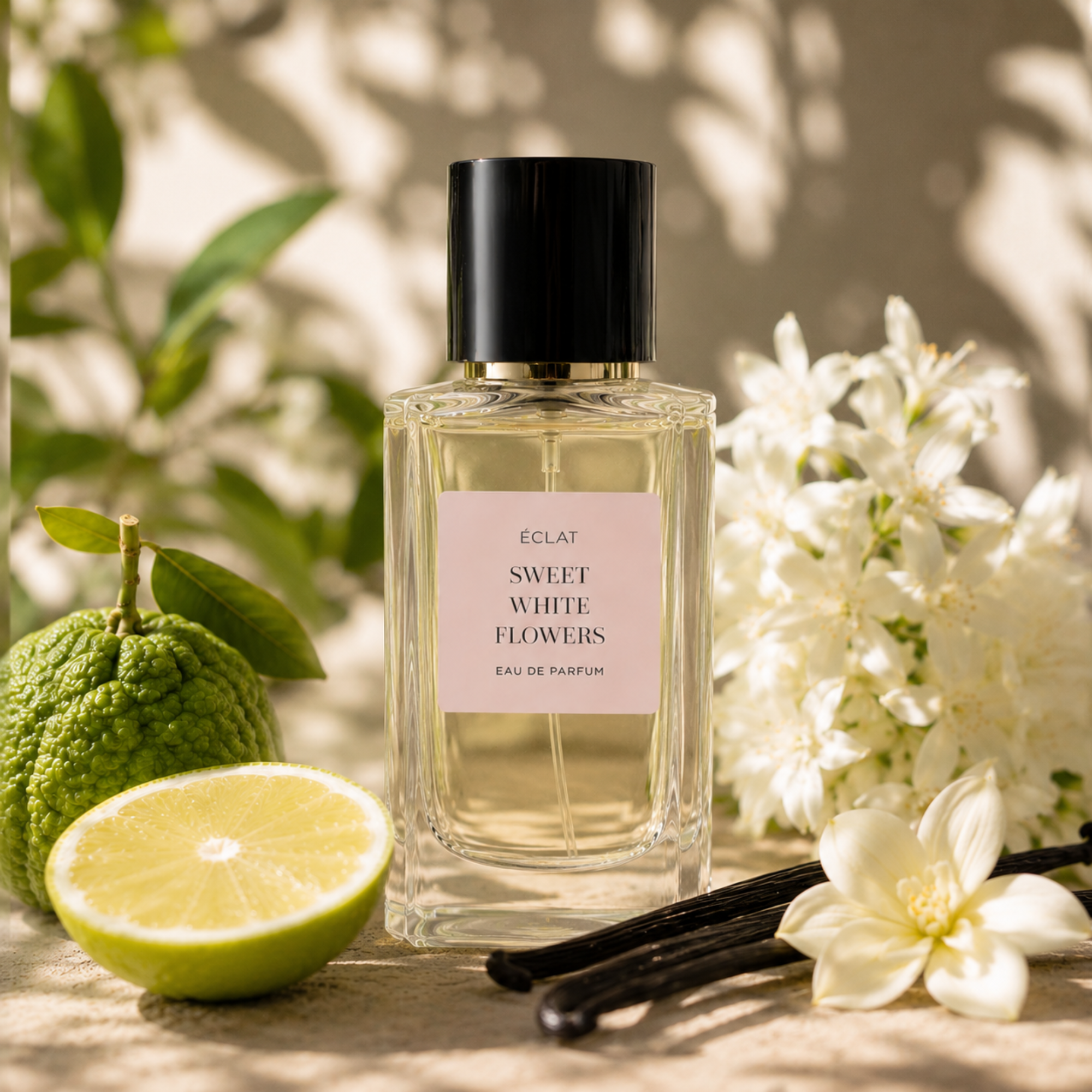 Flacon de parfum ÉCLAT Sweet White Flowers avec un bouchon noir entouré de fleurs blanches, d'une bergamote, d'un demi-citron vert et de gousses de vanille.