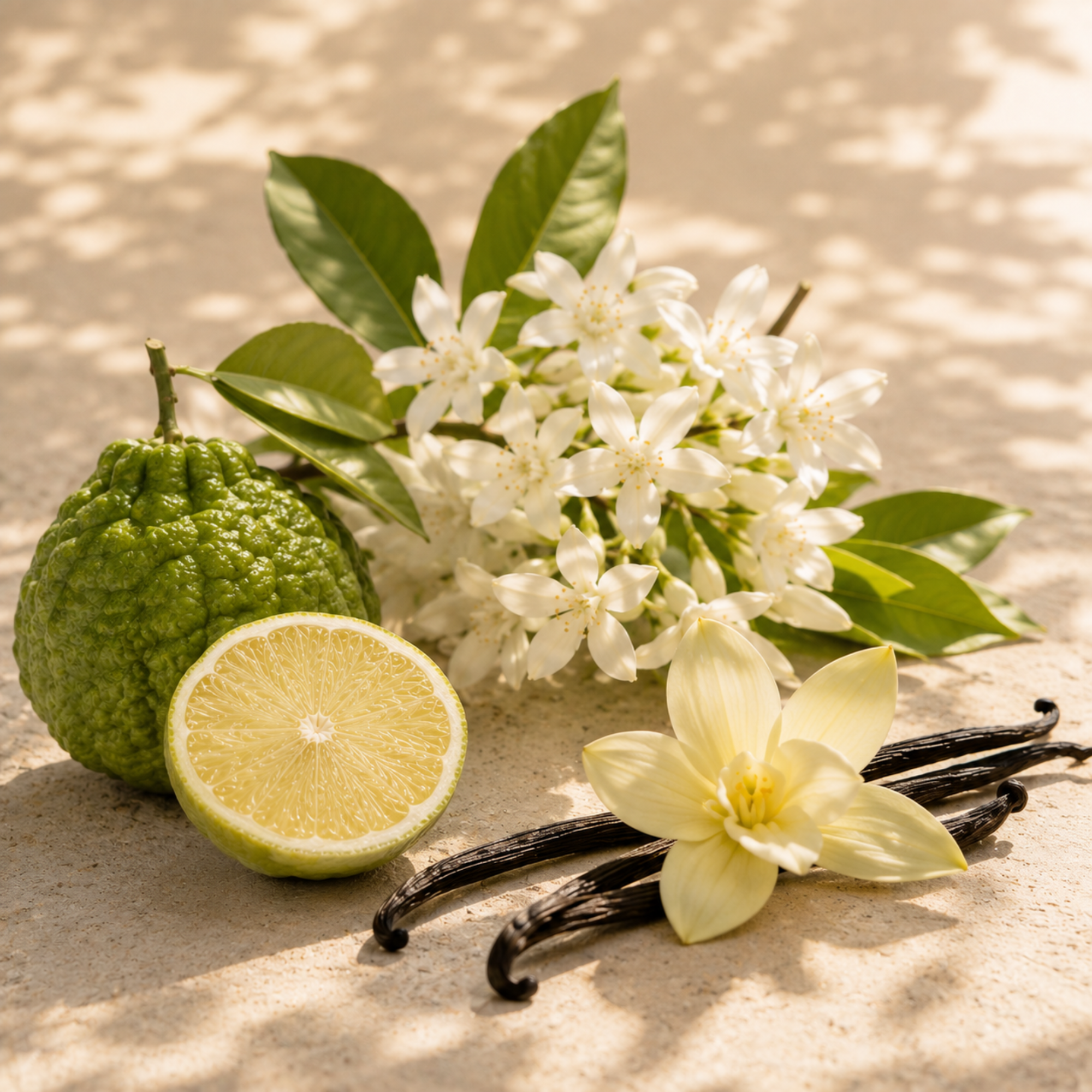 Une composition de fleurs blanches, un agrume vert entier et coupé, des gousses de vanille et des feuilles sur une surface claire.