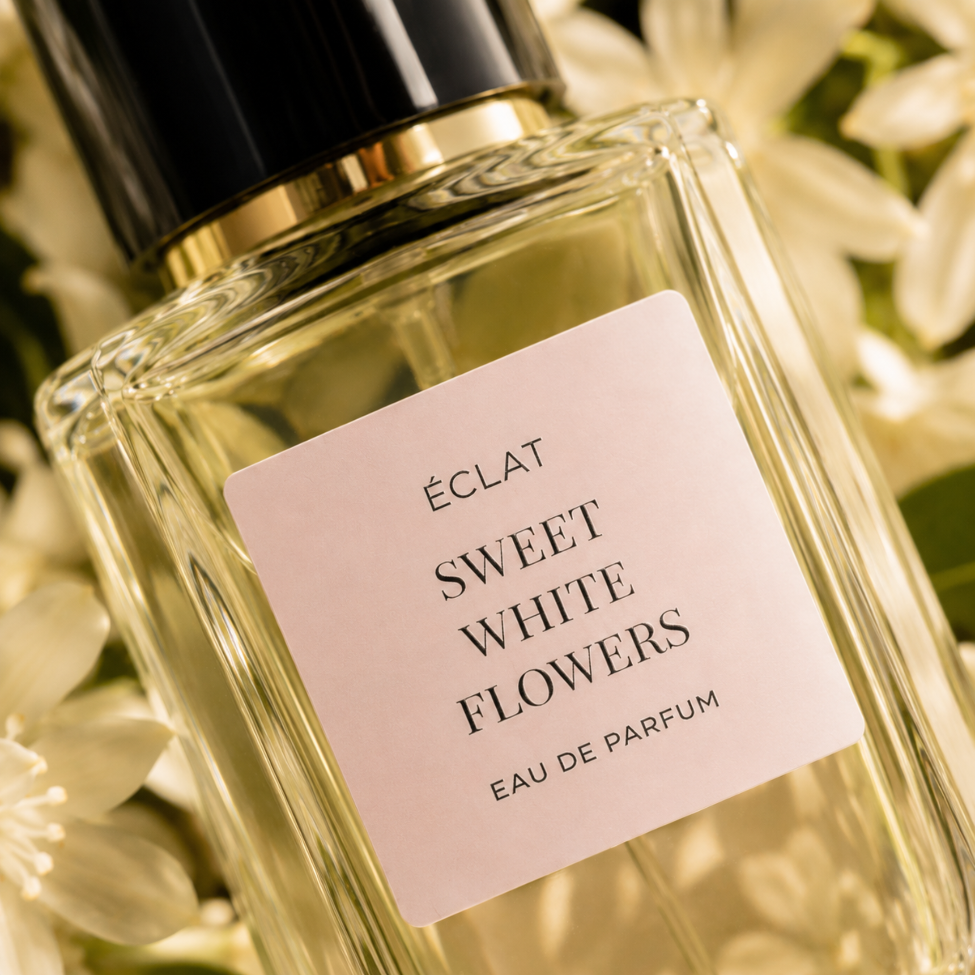 Un flacon en verre facetté de ÉCLAT Sweet White Flowers avec une étiquette rose douce et un bouchon noir et or, entouré de fleurs blanches.