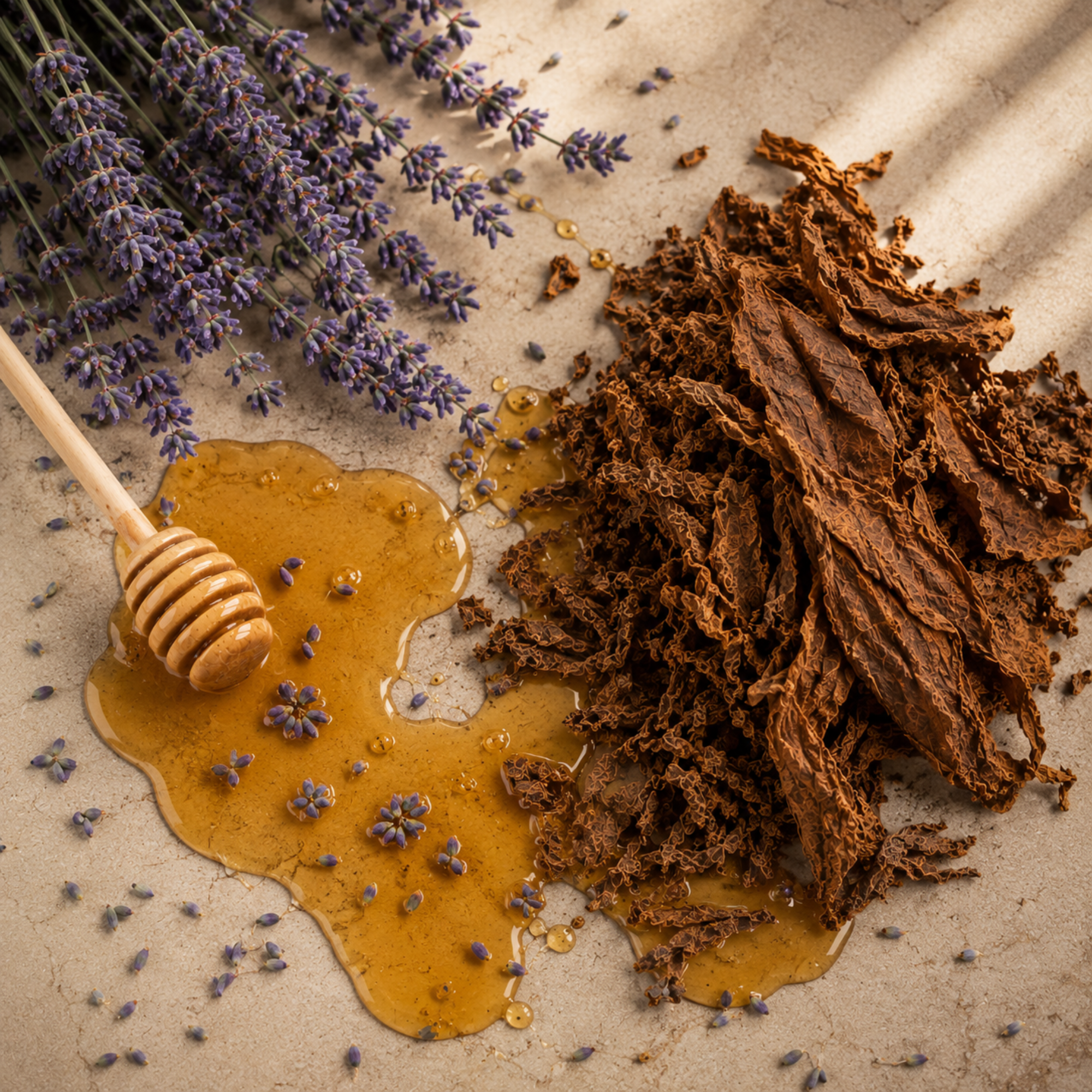 Arrangement of dried tobacco leaves, spilled honey with lavender blossoms, and a honey dipper on a textured surface.
