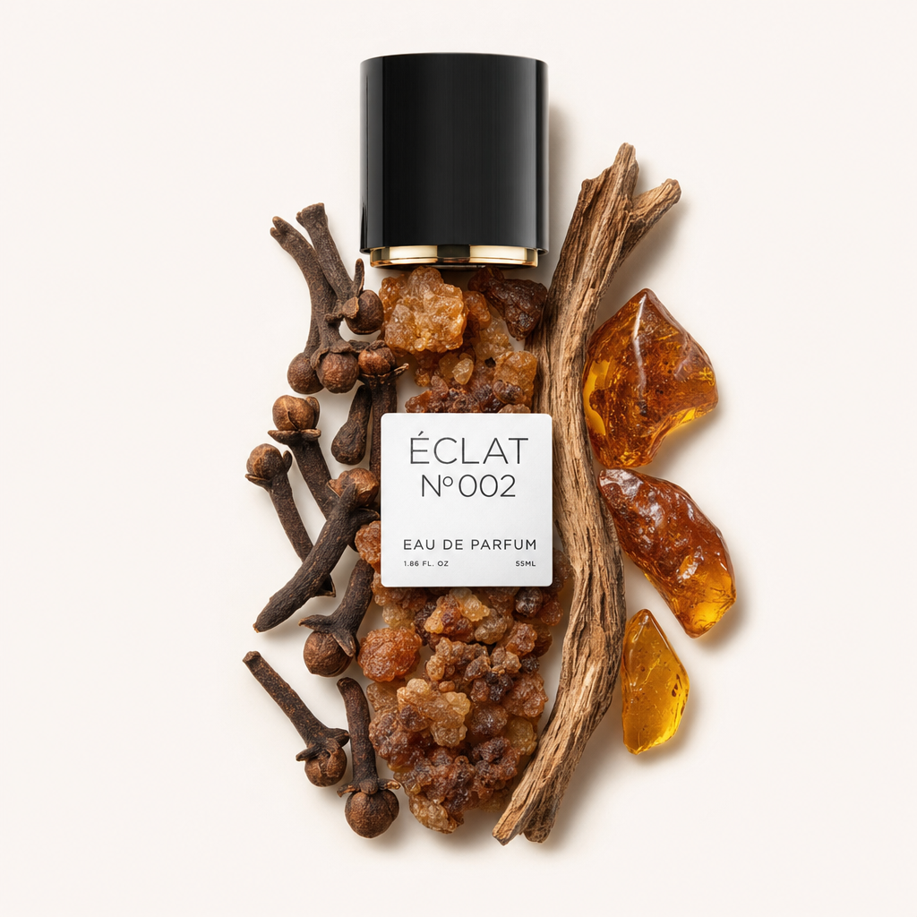 Un arrangement de clous de girofle, résine de myrrhe et morceaux d'ambre entoure un capuchon noir avec étiquette ÉCLAT Oriental Myrrh.