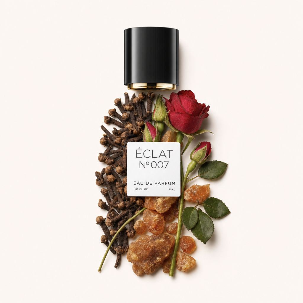 Une nature morte assemblée à la main présente des clous de girofle, une rose rouge et des pierres d'ambre à côté du capuchon ÉCLAT original avec étiquette.