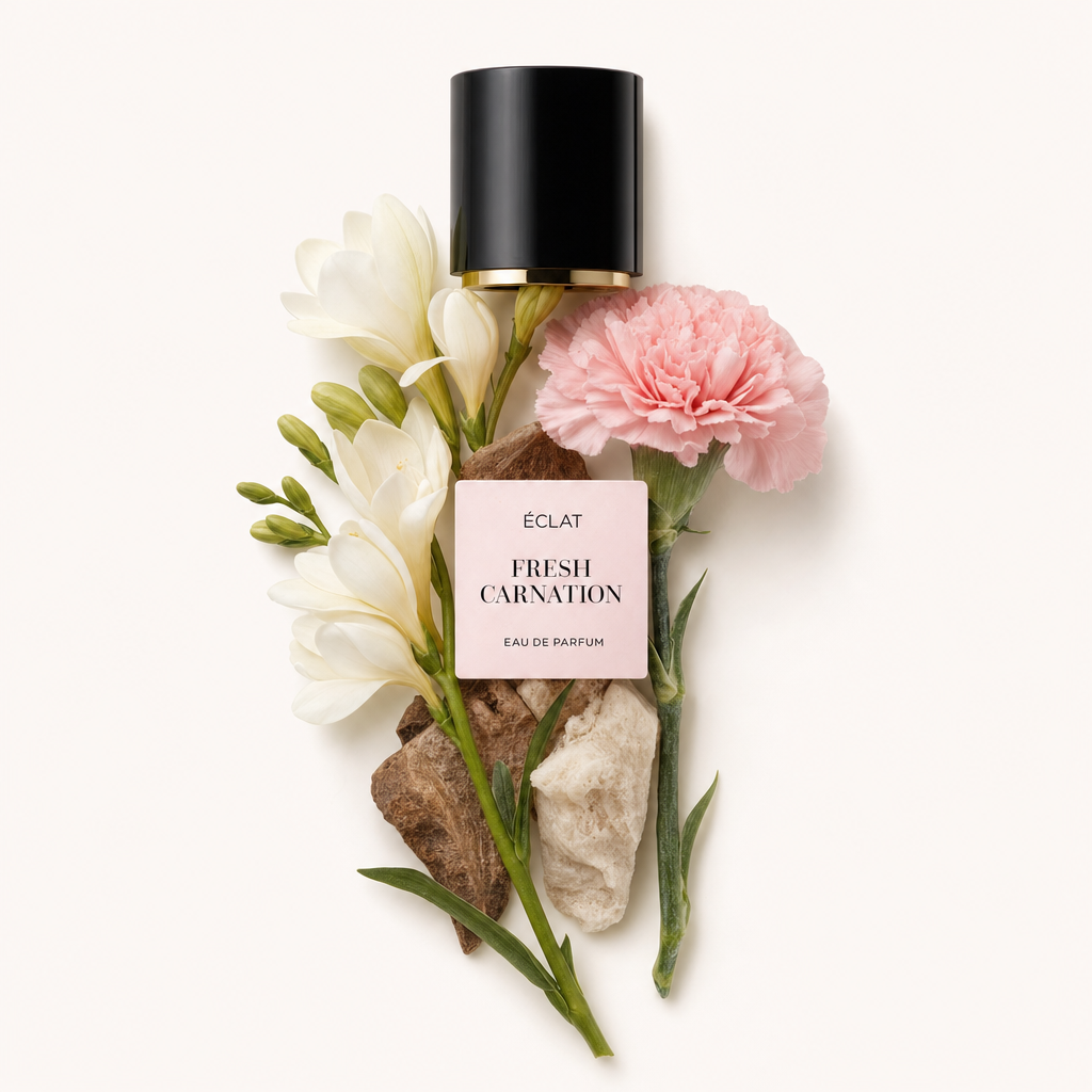 Un arrangement délicat de freesias blancs, d'œillet rose et de pierres entoure un capuchon noir avec une bande dorée et une étiquette ÉCLAT Fresh Carnation.