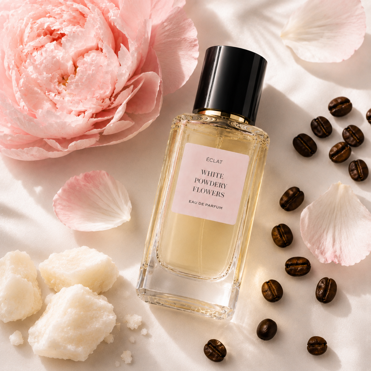 Flacon de parfum ÉCLAT White Powdery Flowers avec un bouchon noir sur une surface satinée entouré de pivoines roses, pétales, grains de café et morceaux poudreux.