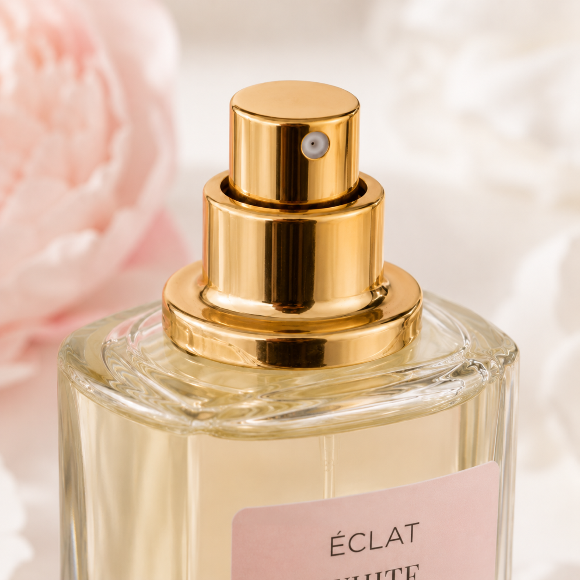 Un flacon en verre facetté de ÉCLAT White Powdery Flowers avec un vaporisateur doré et une étiquette rose, entouré de détails floraux doux.