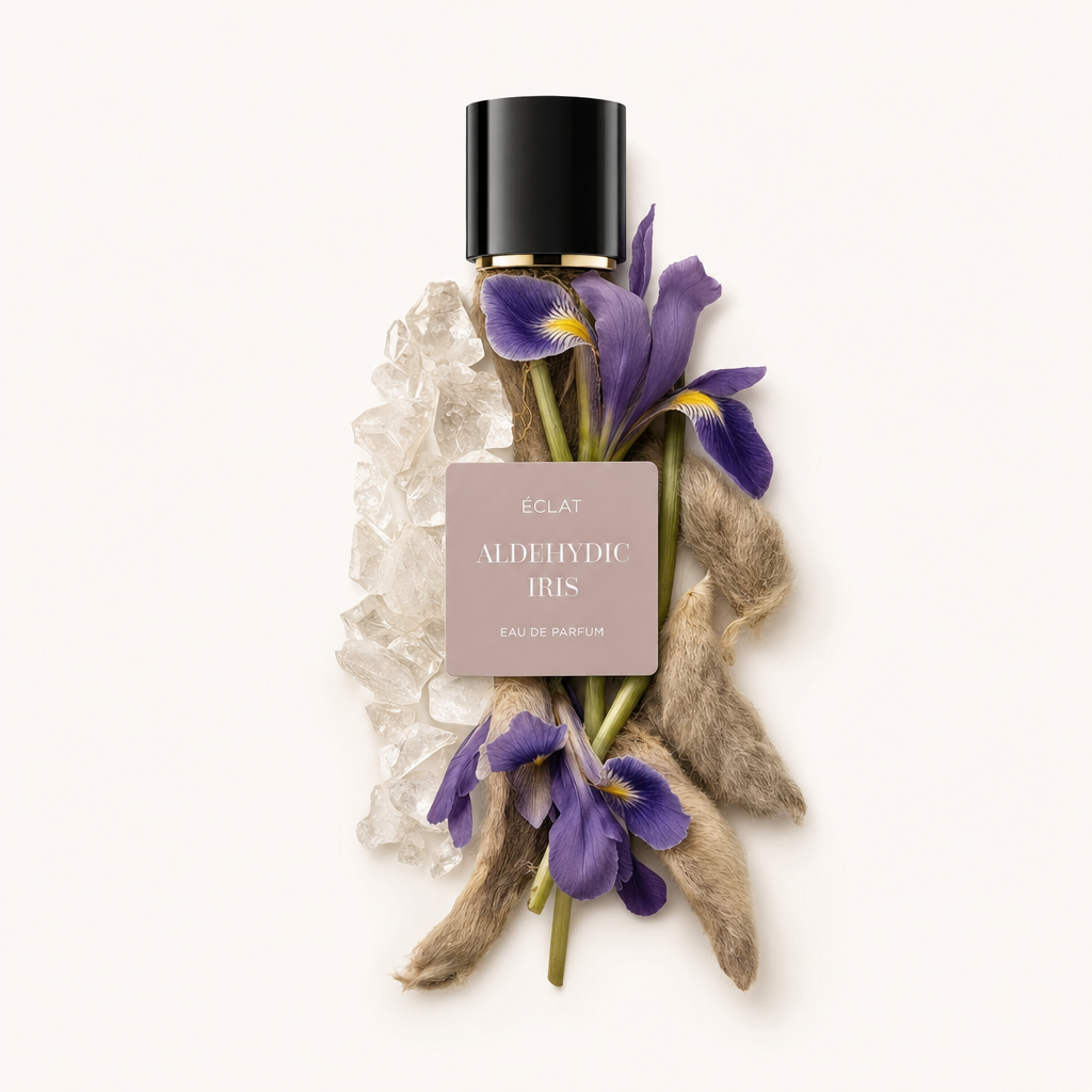 Um arranjo de flores de íris roxa, elementos de textura suave e cristais transparentes em torno da tampa preta original com rótulo ÉCLAT Aldehydic Iris.