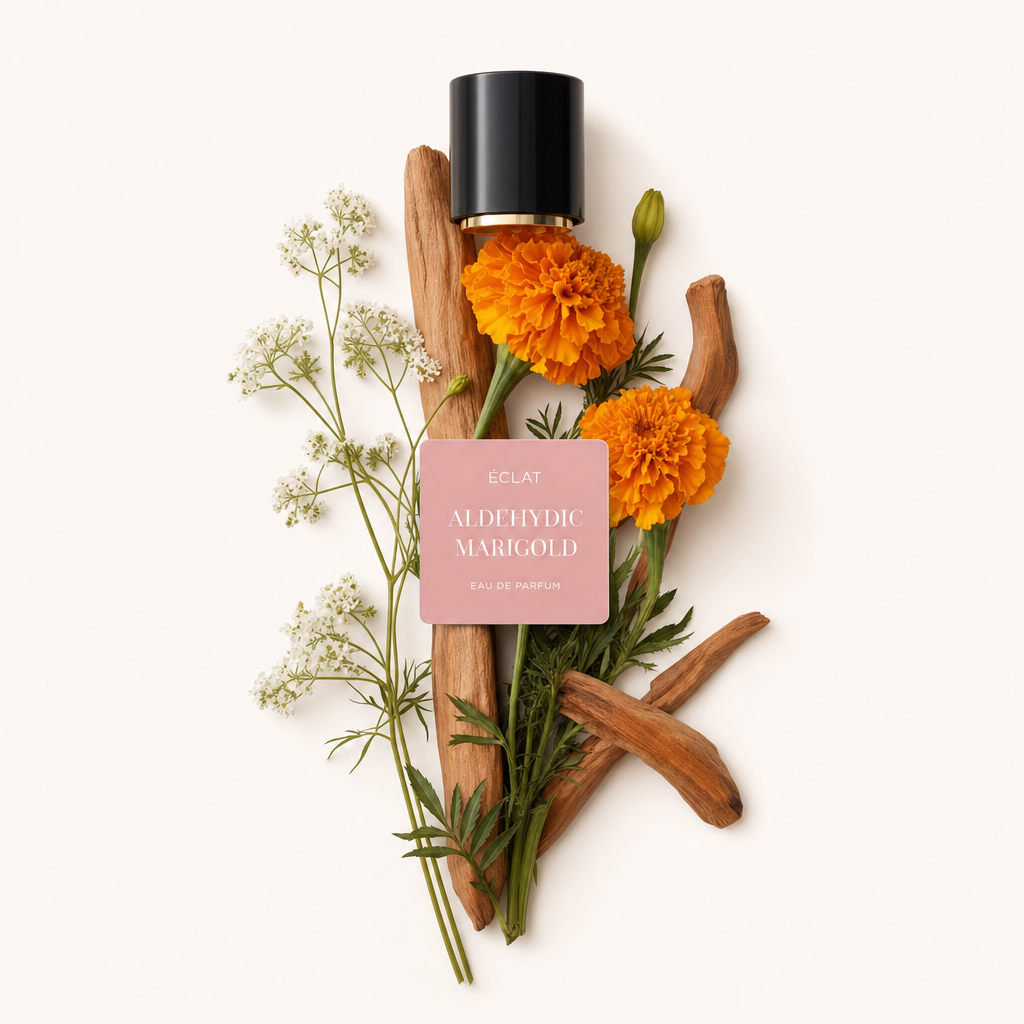 Une composition de fleurs de souci, de fleurs blanches et de bâtons de bois, agencés avec un capuchon noir étiqueté ÉCLAT Aldehydic Marigold.
