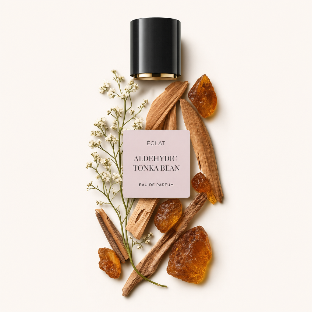 Un agencement sophistiqué de résines aux tons ambrés et d'éclats de bois allongés avec des fleurs blanches délicates, surmonté d'un capuchon noir avec étiquette ÉCLAT.