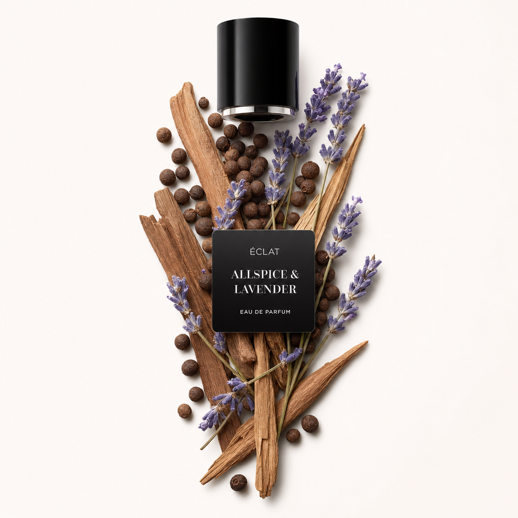Un arrangement de baies de piment de la Jamaïque, de bâtons de cannelle et de brins de lavande entourant un capuchon noir avec étiquette ÉCLAT Allspice & Lavender.