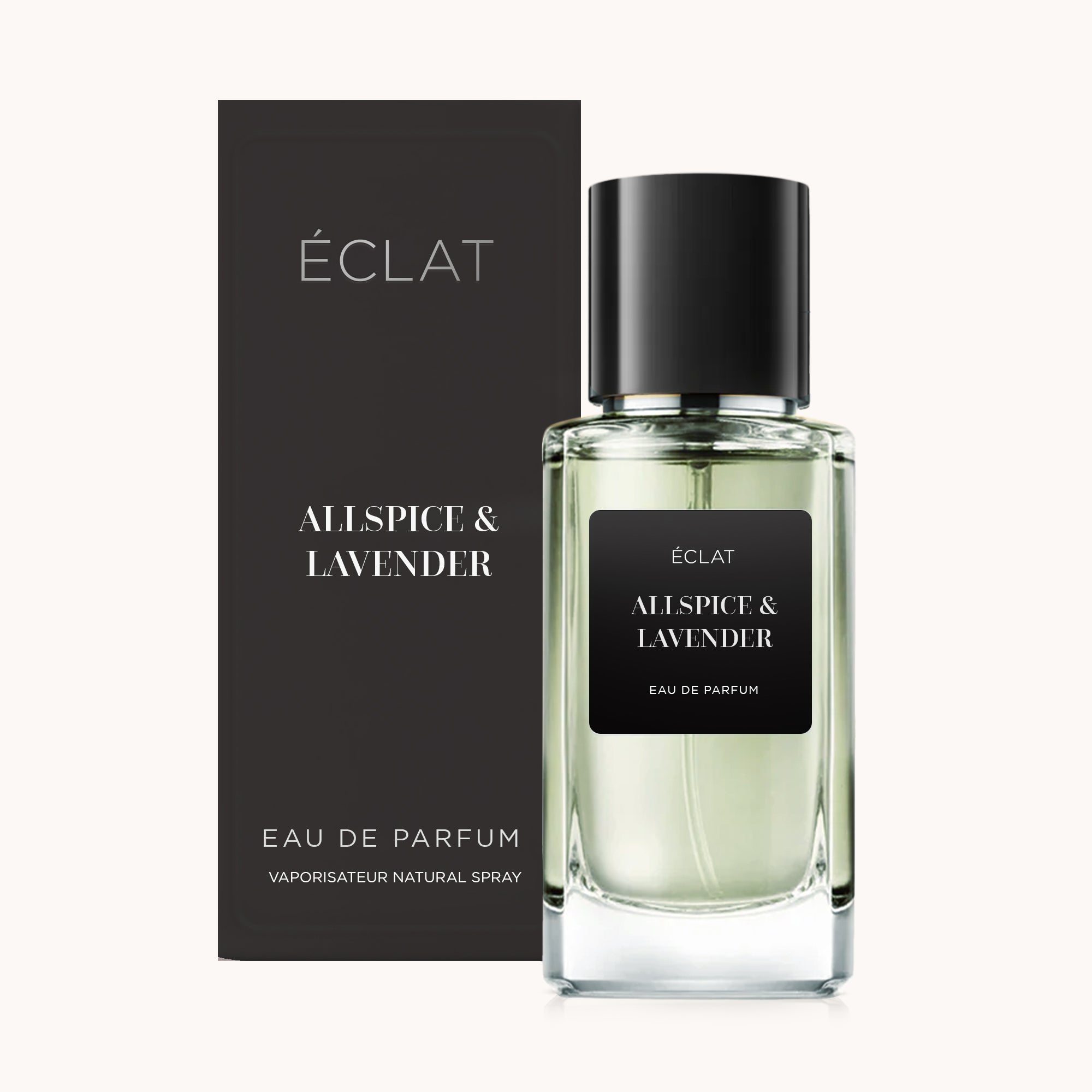 Um frasco de vidro facetado de ÉCLAT Allspice & Lavender com tampa preta, ao lado de uma elegante caixa preta.