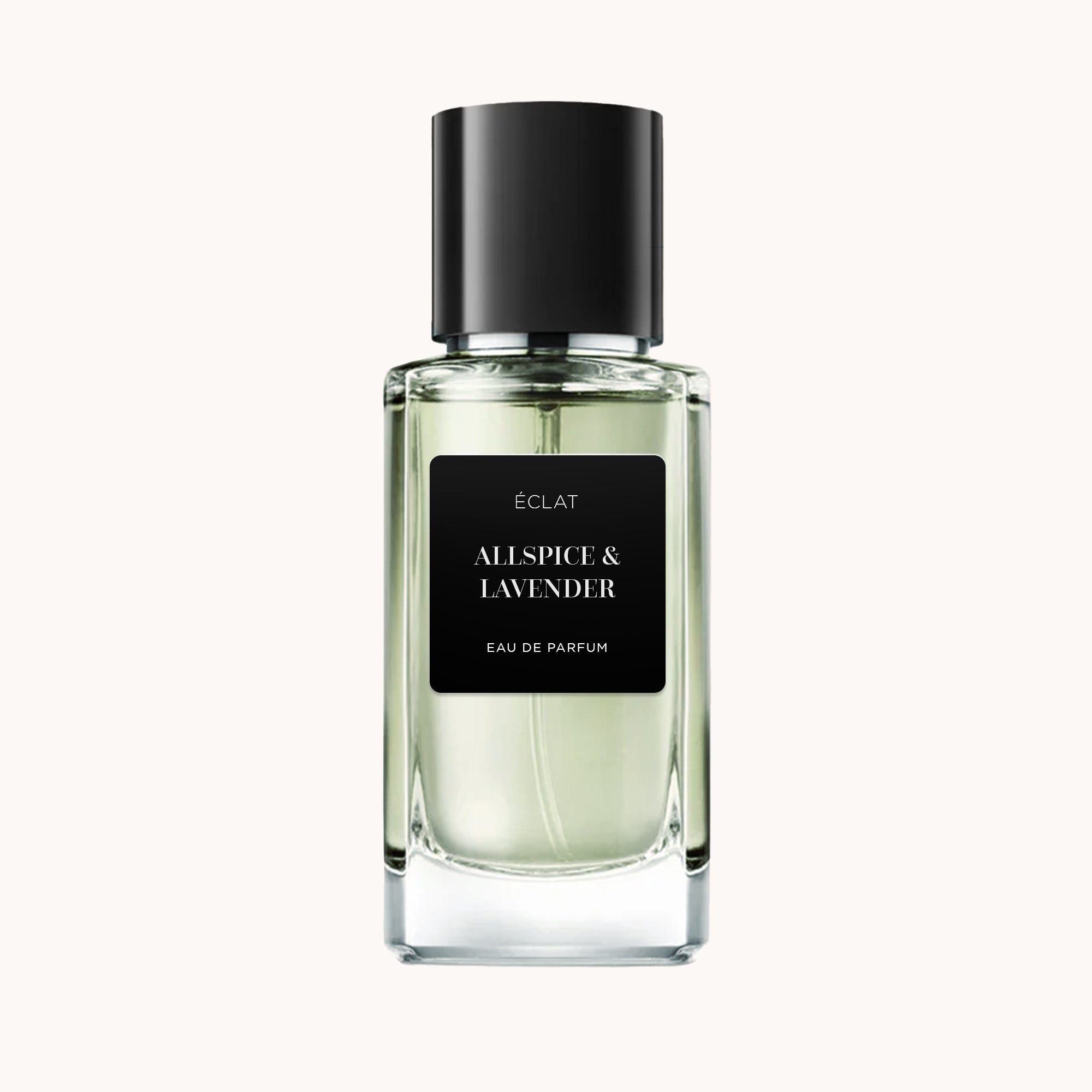 ÉCLAT Allspice & Lavender em frasco de vidro com rótulo preto e tampa preta correspondente.