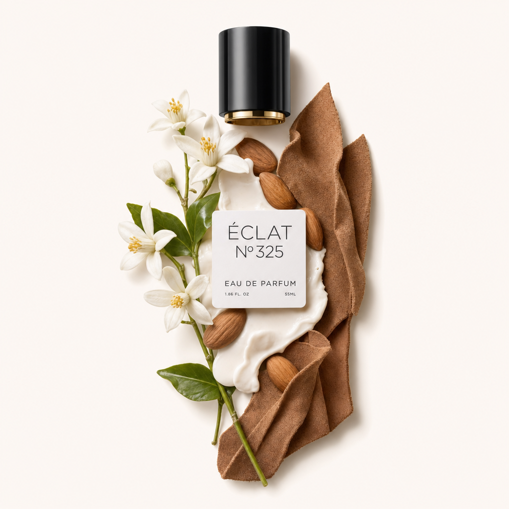 An arrangement of blossoming white flowers, almonds, and creamy texture with a soft brown fabric, next to a black cap with a label for ÉCLAT Almond Milk & Cashmere.