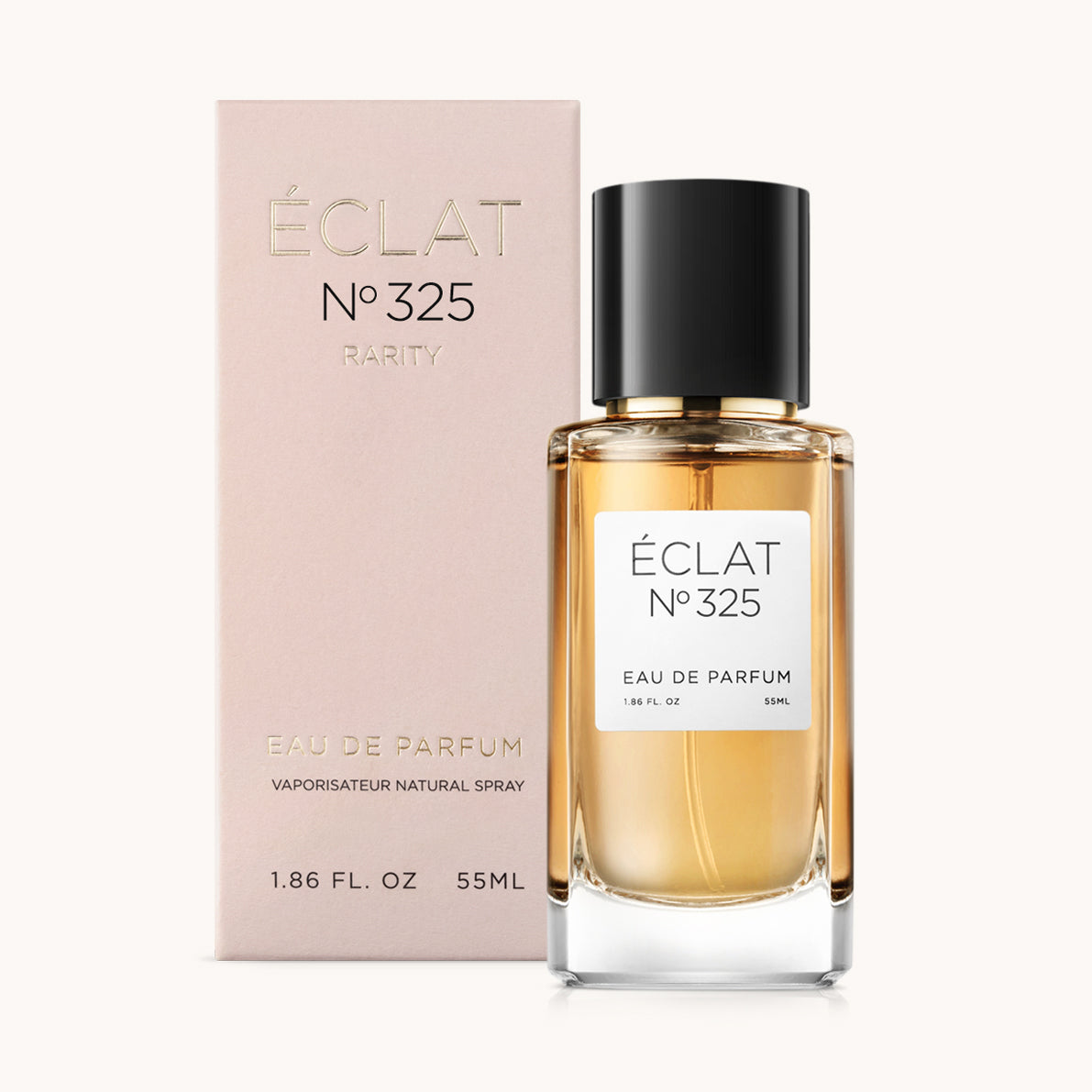 ÉCLAT Almond Milk & Cashmere perfume in a faceted glass bottle with a black cap, next to a pink box.