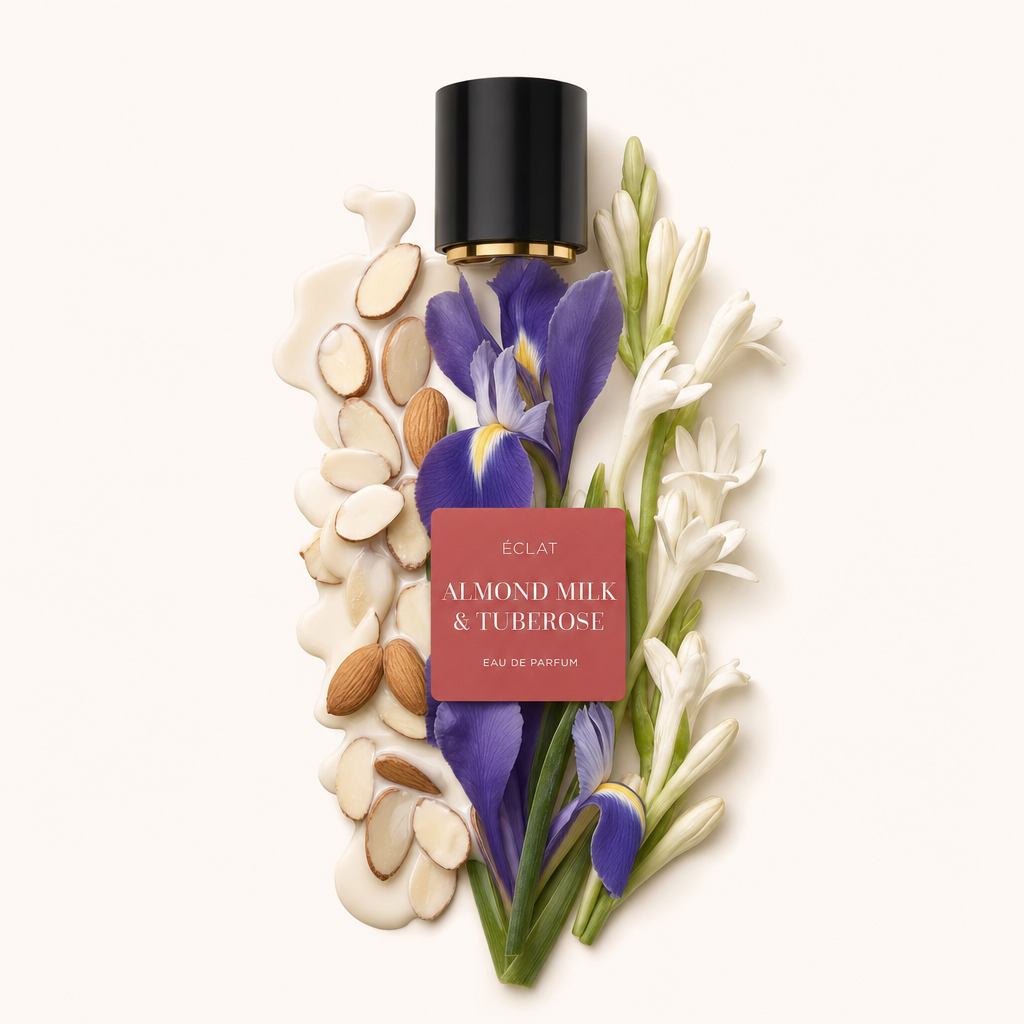 Un arrangement d'amandes effilées, d'amandes, de fleurs d'iris et de tubéreuses entoure un capuchon noir avec un accent doré et une étiquette ÉCLAT Almond Milk & Tuberose.