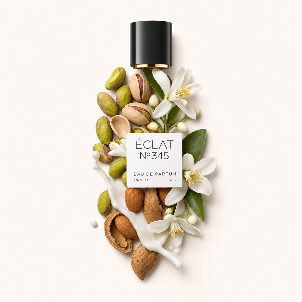 Un arrangement d'amandes, de pistaches et de fleurs blanches, avec un bouchon noir et une étiquette ÉCLAT Almond & Pistachio.